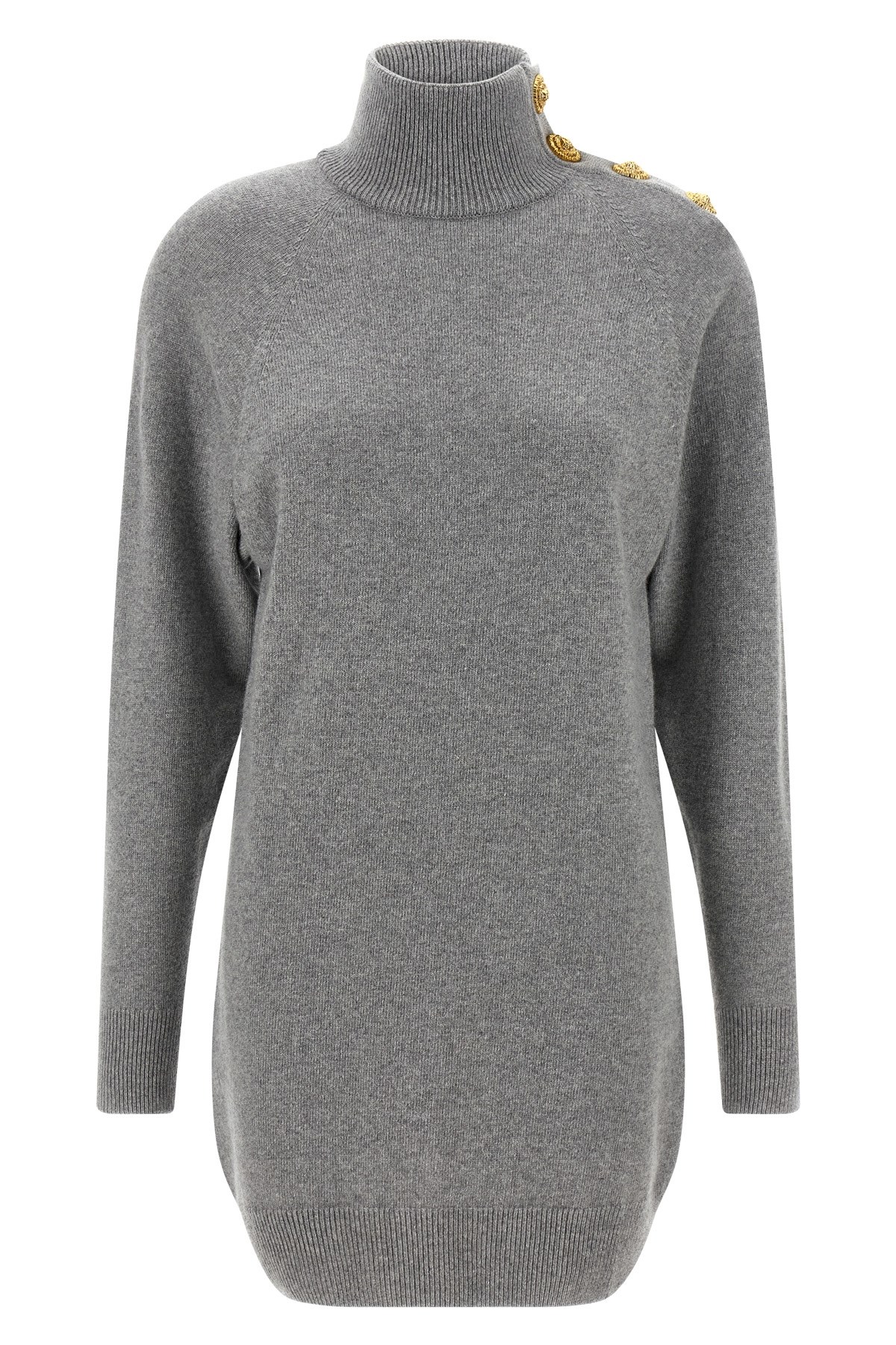Balmain Cashmere Wool Turtleneck Dress Gold Button Detail In Gray