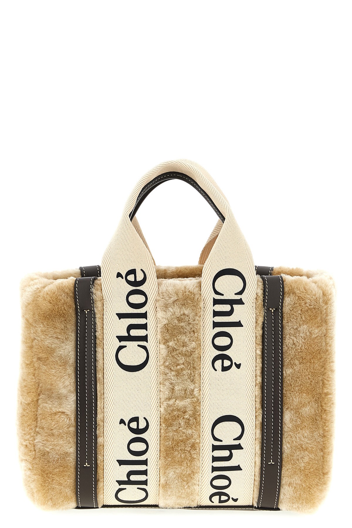 Chloé Small Woody Tote Bag In Shearling In Neutral