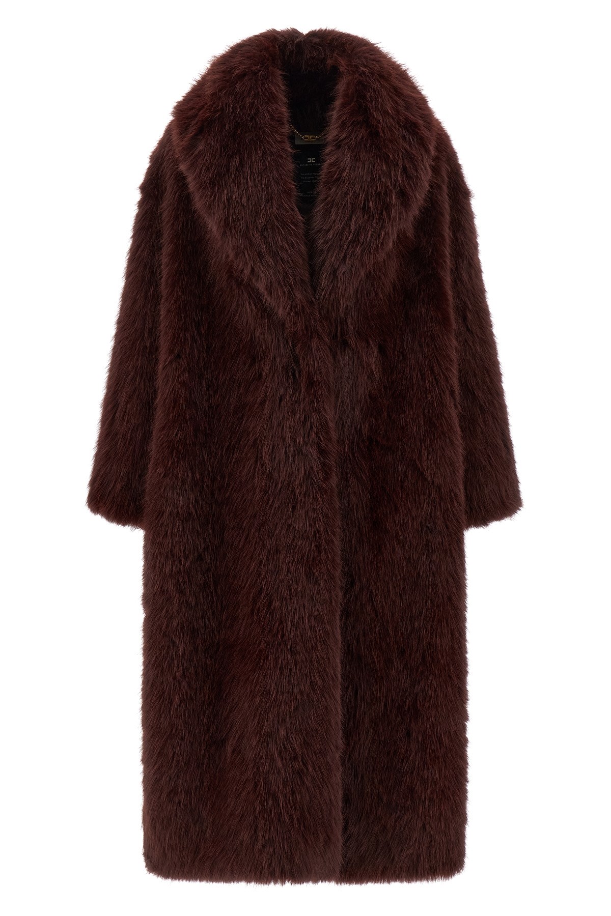 Elisabetta Franchi Long Shawl Collar Faux Fur Jacket In Brown