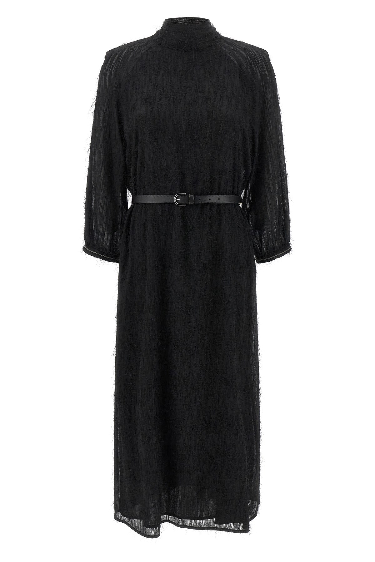 Peserico Textured Dress With Belted Waist And Sleeves In Black