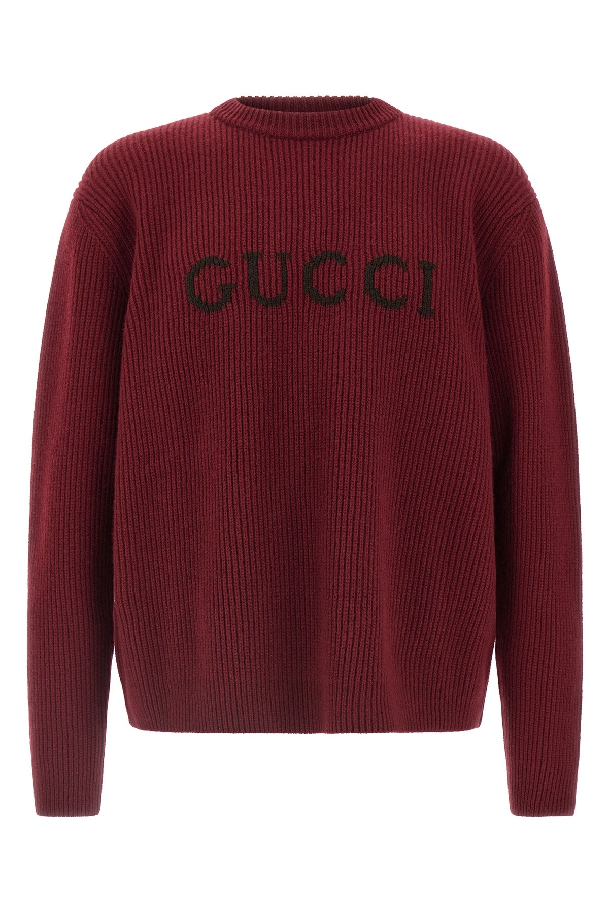 Gucci Bordeaux Crewneck Sweater With Logo Lettering Embroidery On The Front In Wool Man In Burgundy