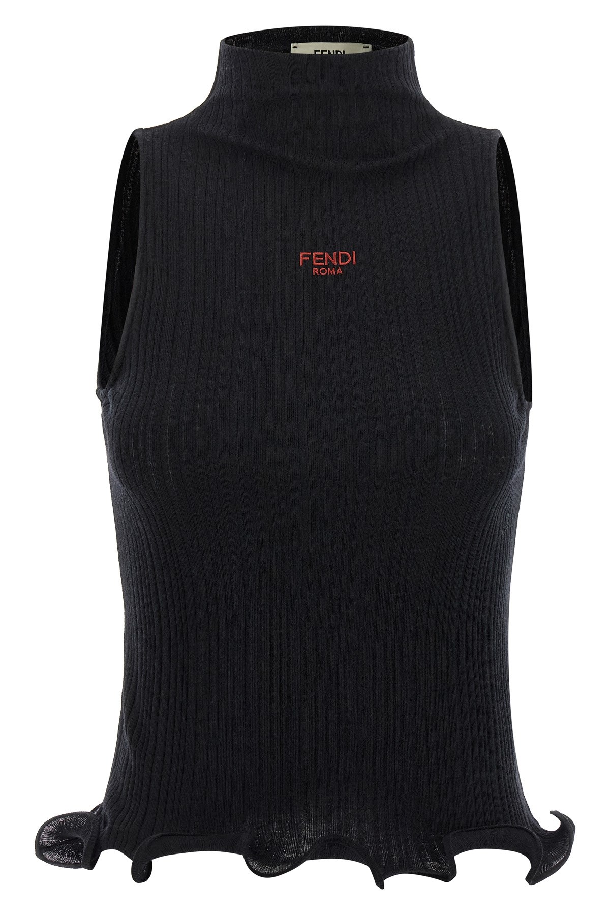 Fendi High Neck Sleeveless Ribbed Top In Black