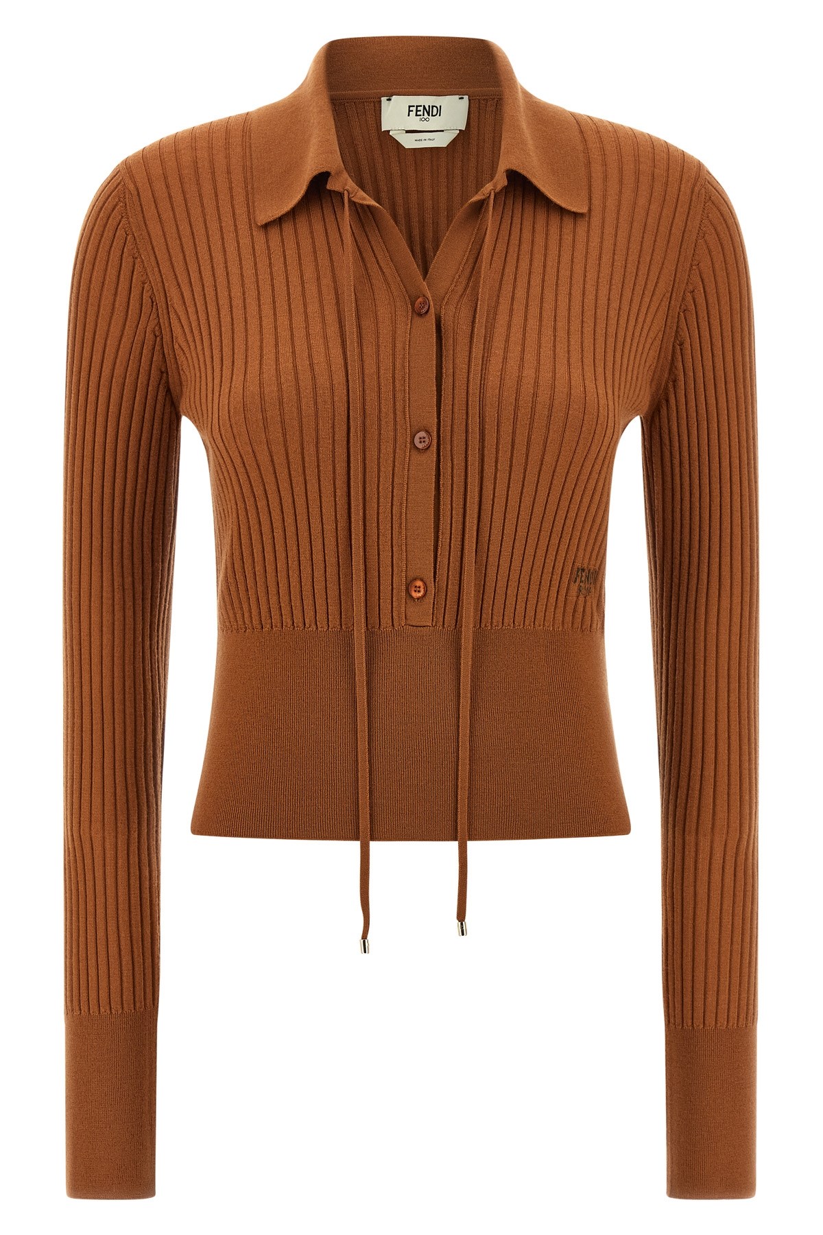 Fendi Textured Long Sleeve Collared Knit Top In Brown