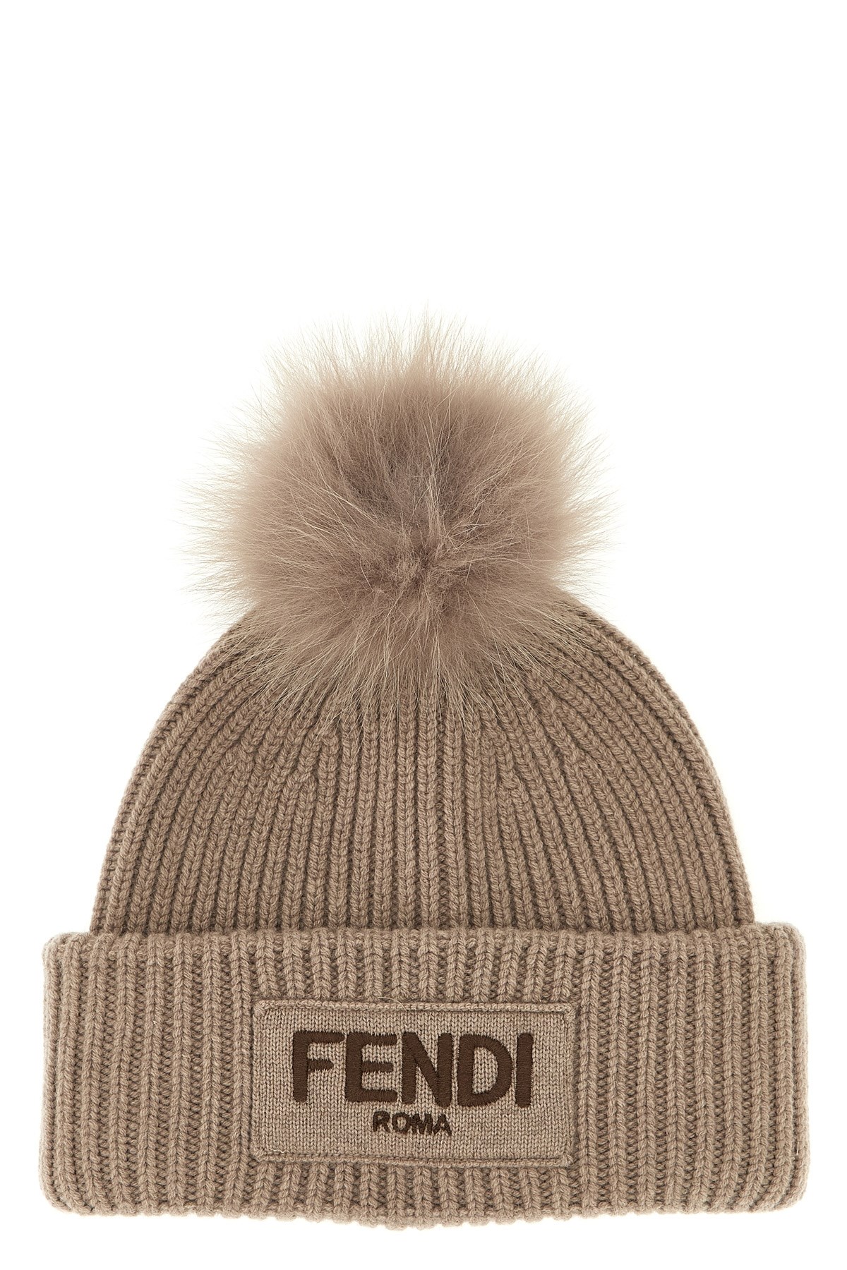 Fendi Pompon Beanie Hats Beige In Brown
