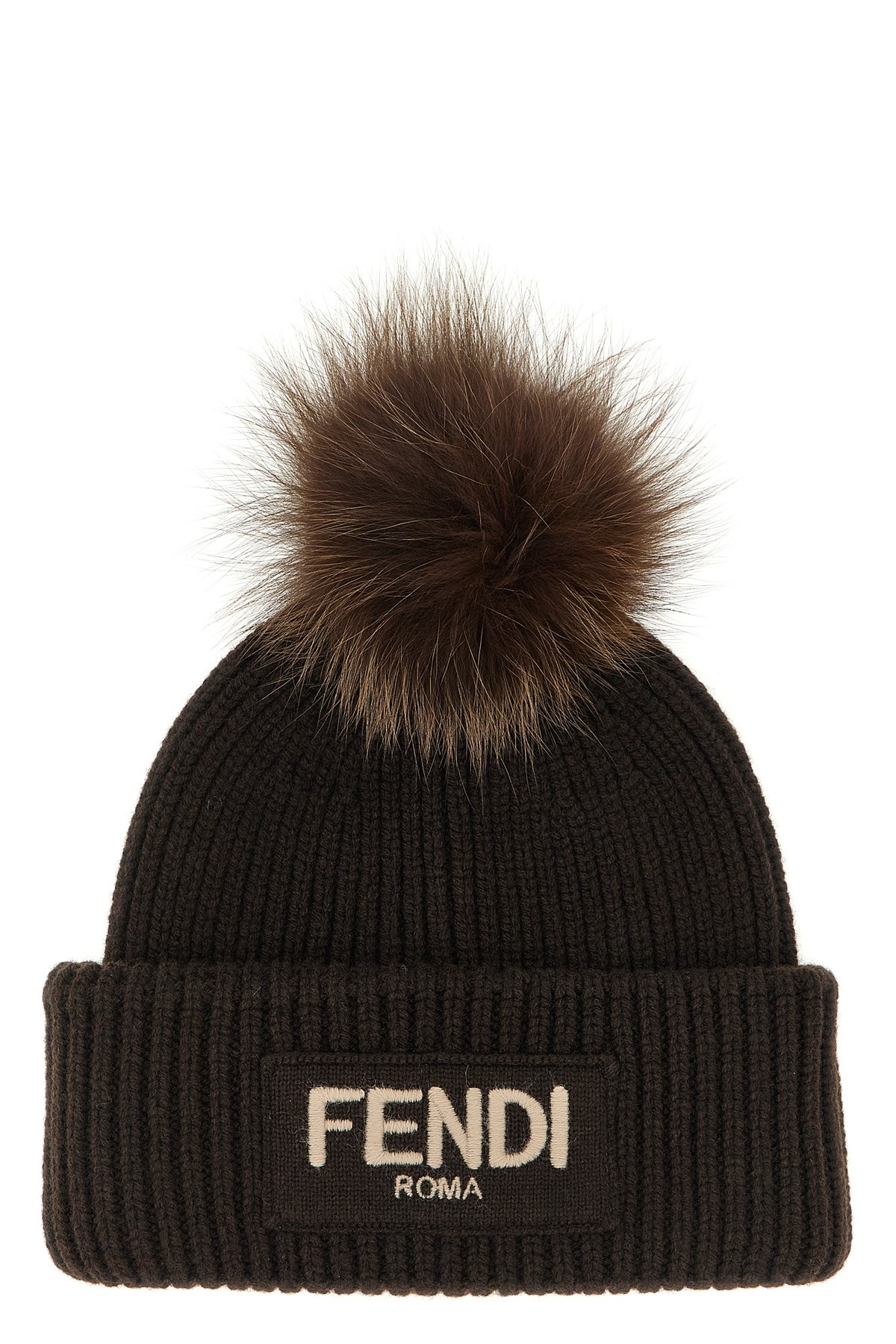 Fendi Brown Pompon Embroidered Logo Beanie Hat In Brown