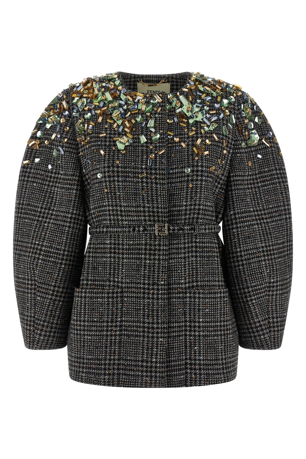 Fendi Check Tweed Blouson With Ff Belt In Gray