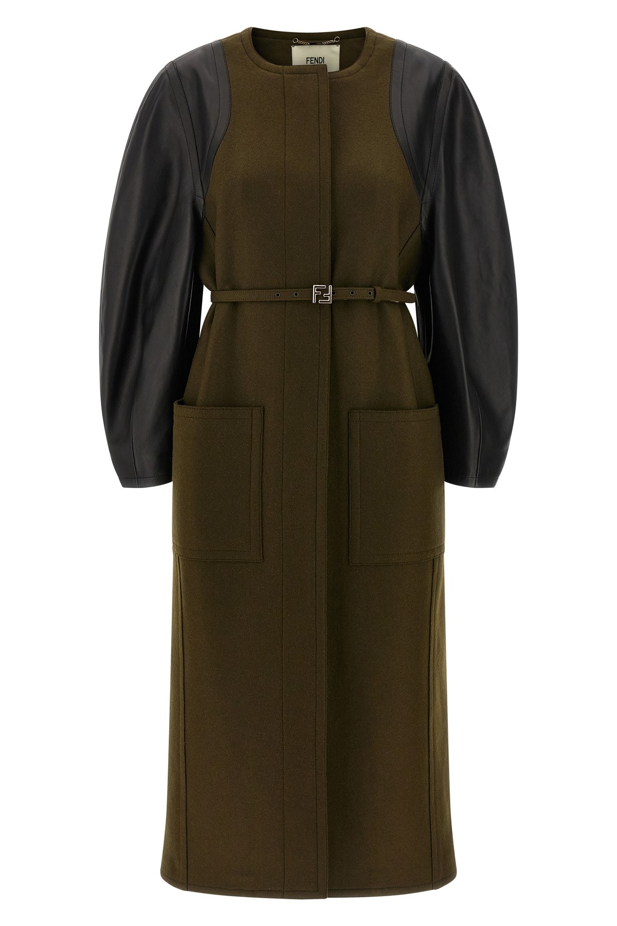 Fendi Contrasting-sleeve Belted Coat In Black
