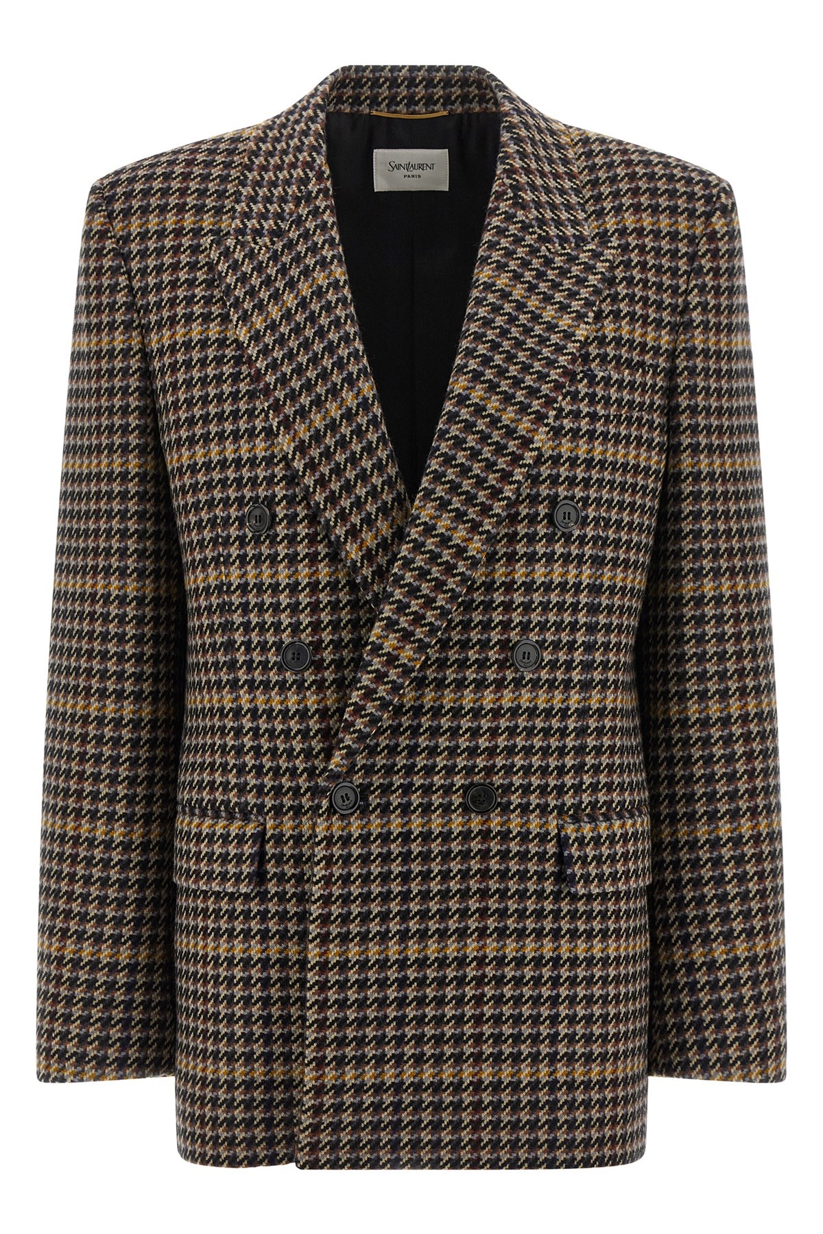 Saint Laurent Brown Double-breasted Jacket With Notched Revers And All-over Check Motif In Wool Woman In Multi