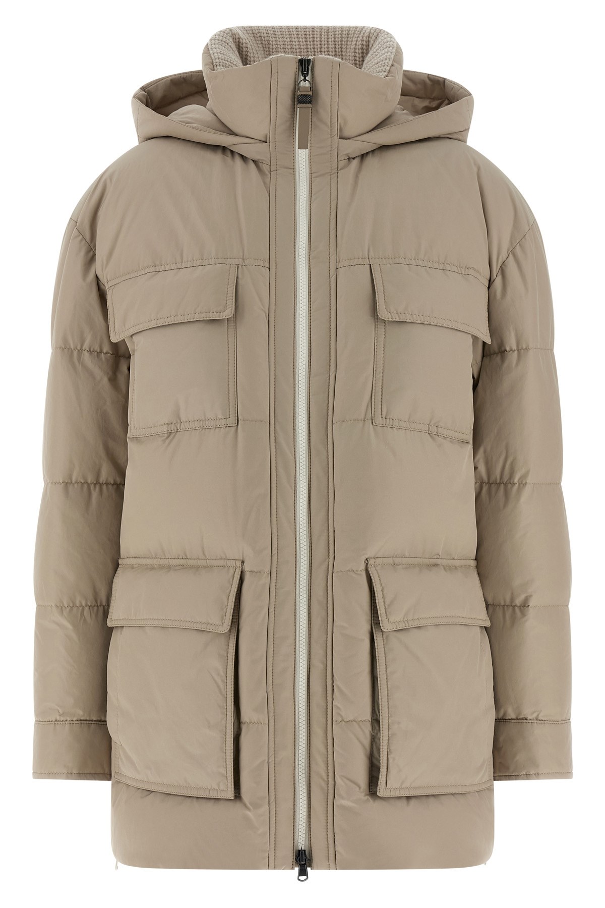 Brunello Cucinelli Knitted Neck Down Jacket In Neutral