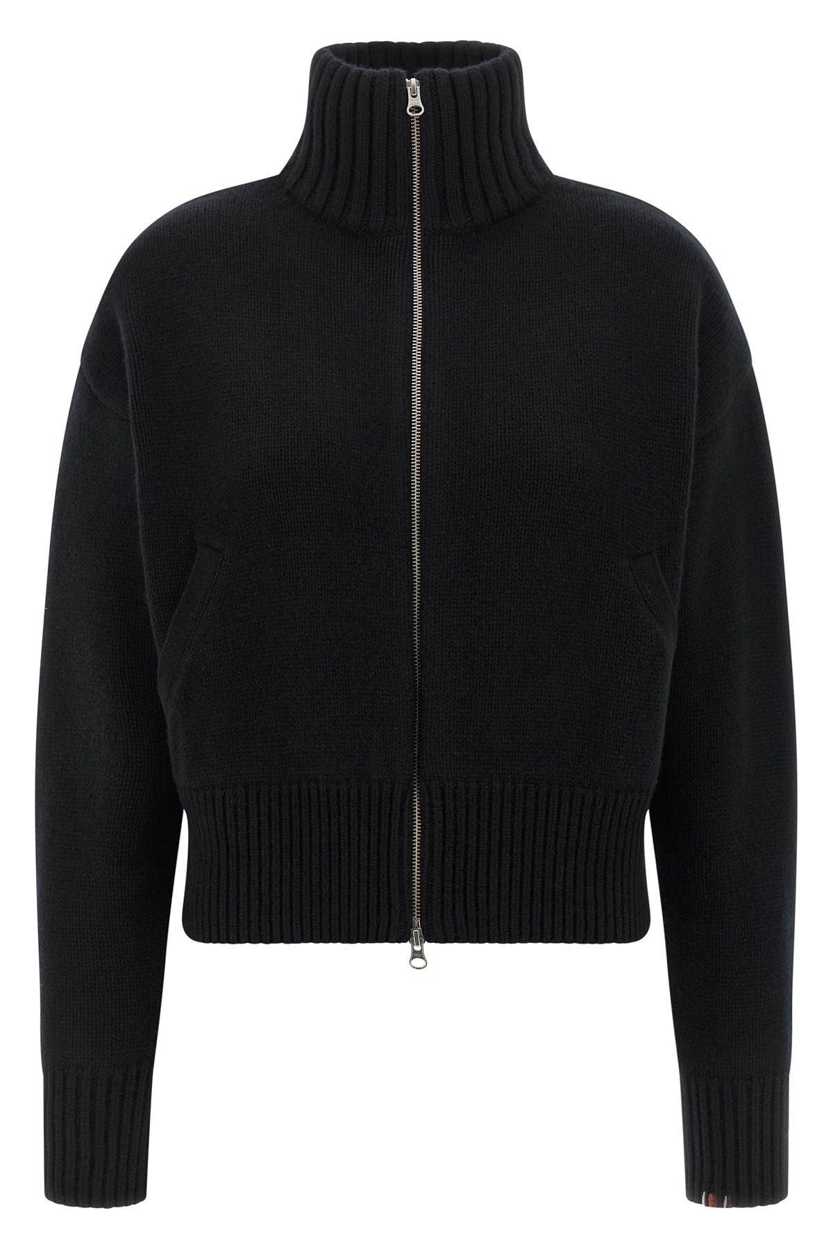 Extreme Cashmere Tailored Blue Zip Cardigan With High Collar And Ribbed Cuffs In Black