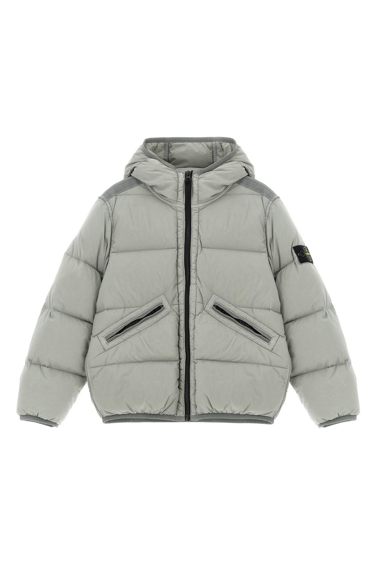 Stone Island Junior Logo Patch Hooded Down Jacket In Gray