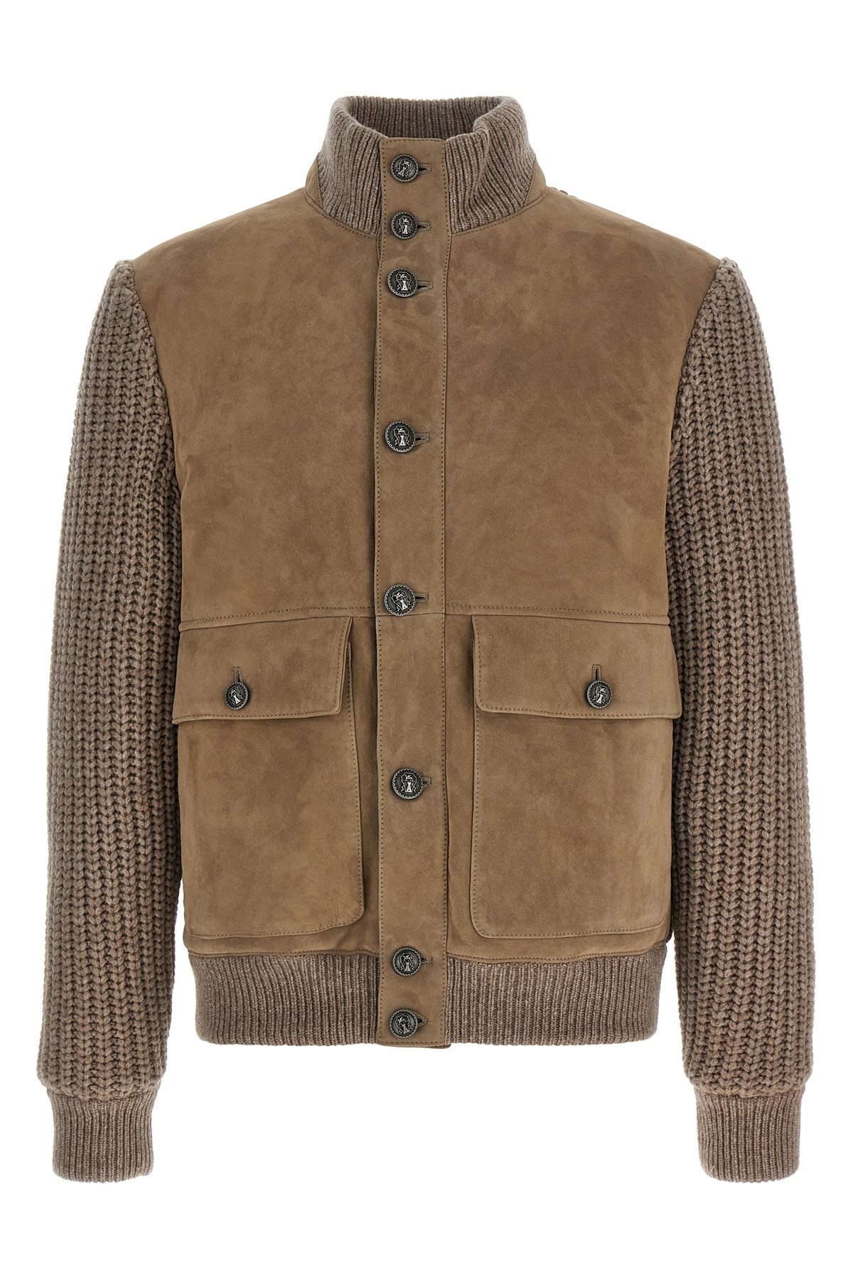 Brunello Cucinelli Bomber Jacket With Knitted Back And Textured Knit Sleeves In Brown