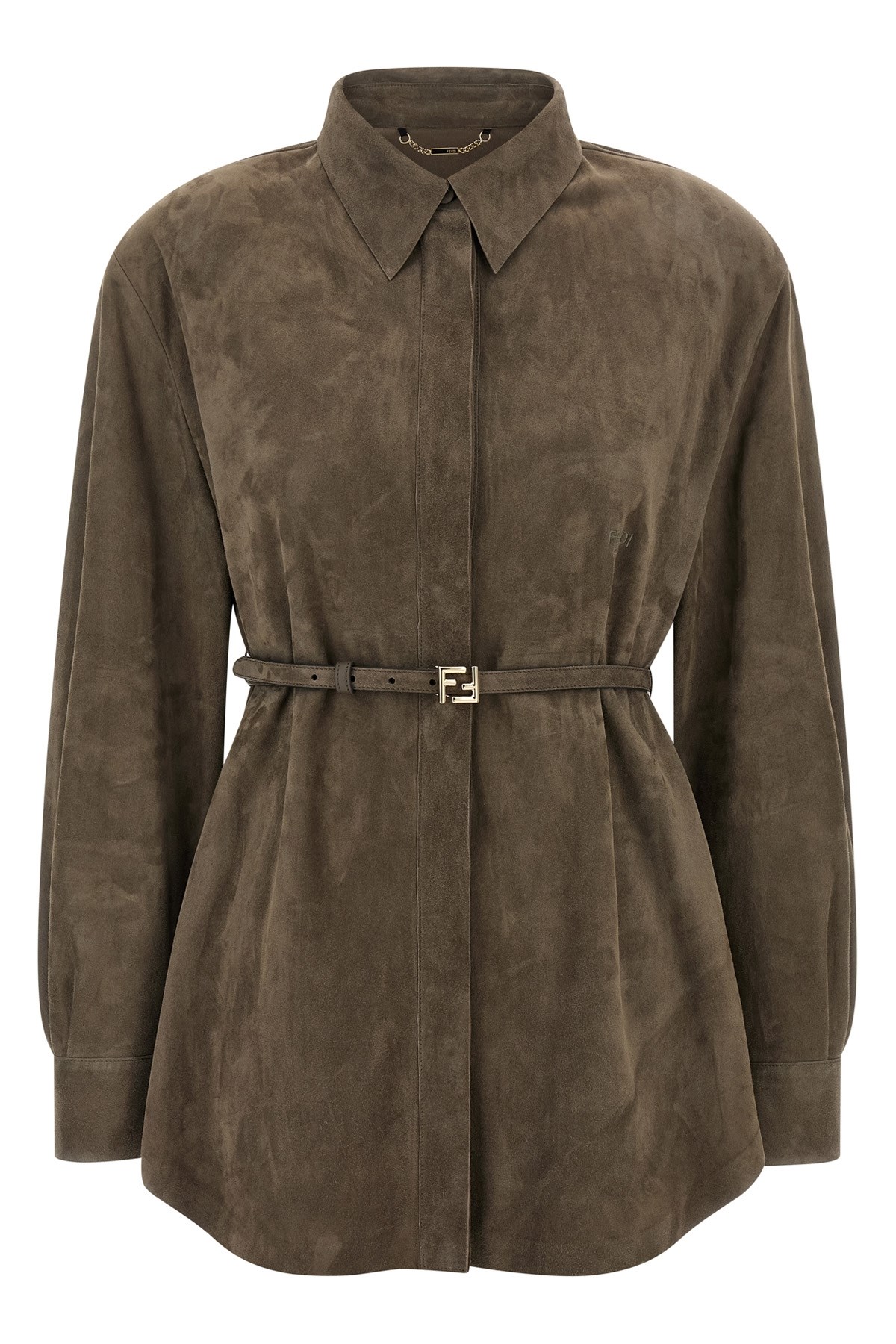 Fendi Longline Collared Shirt Belted Waist In Brown