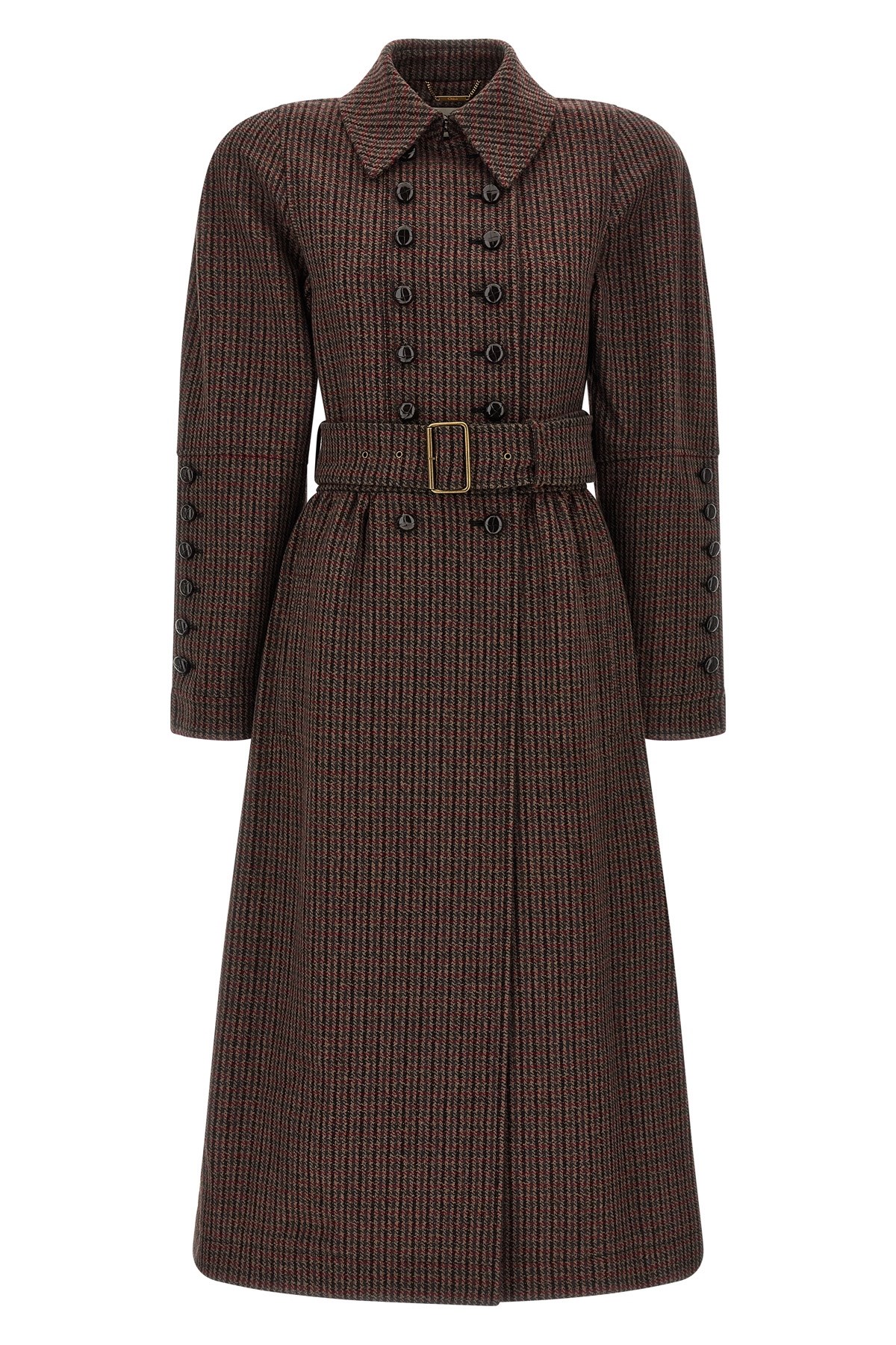 Chloé Chloe Houndstooth Double-breasted Belted Wool Coat In Brown