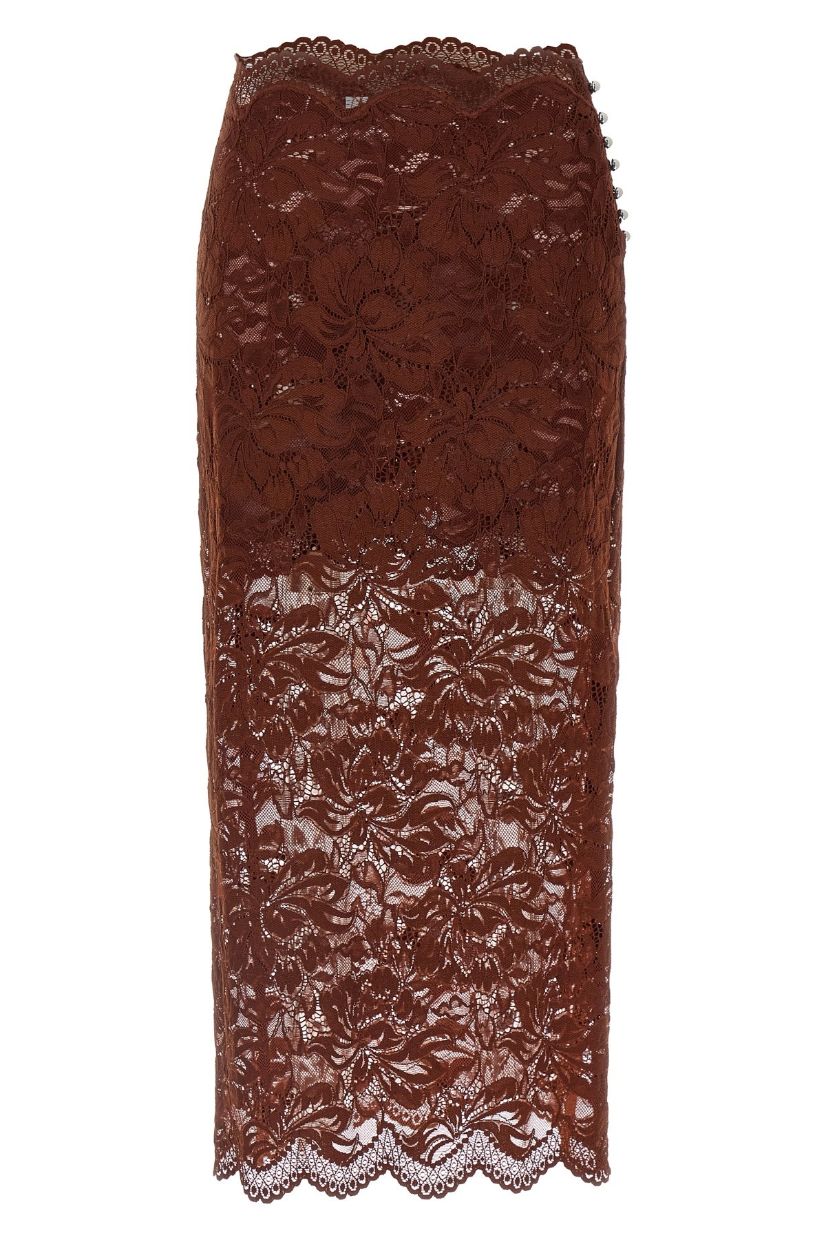 Rabanne Floral Lace Brown Midi Skirt With Scalloped Hem In Brown