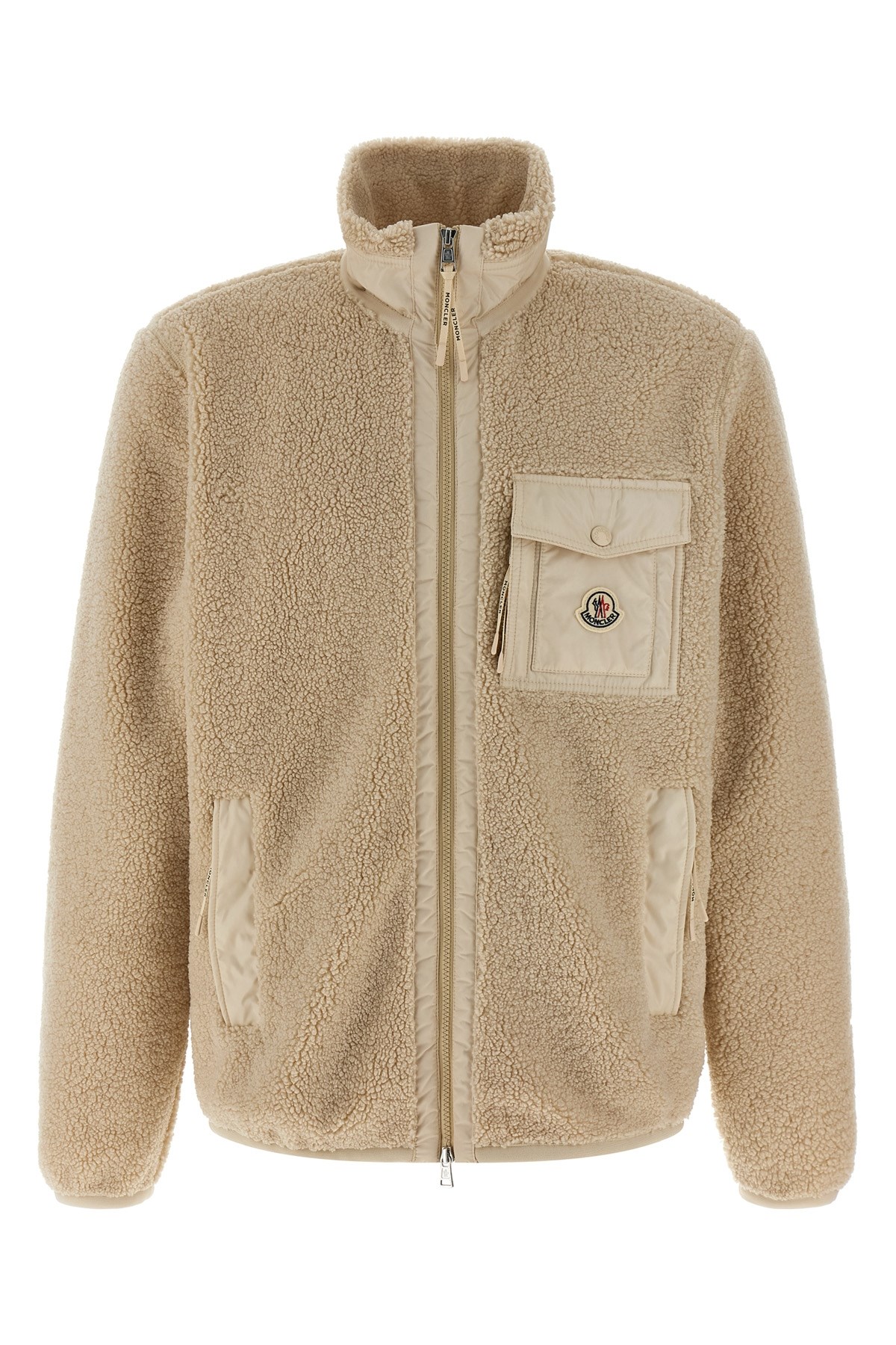 Moncler Teddy Zip-up Sweatshirt With Nylon Pocket In Neutral