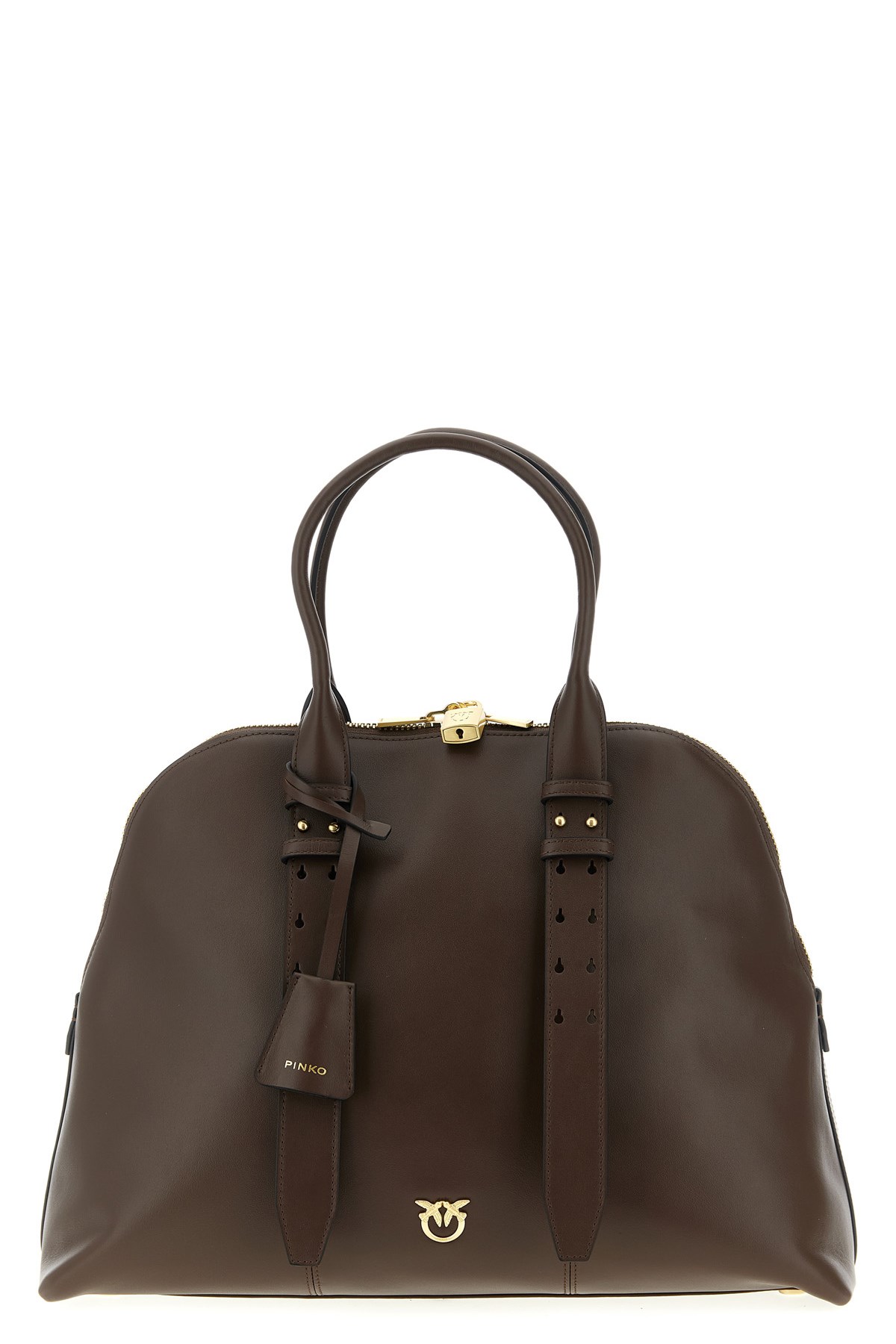 Pinko Escape Love Birds Logo Leather Bowling Maxi Tote Bag In Brown