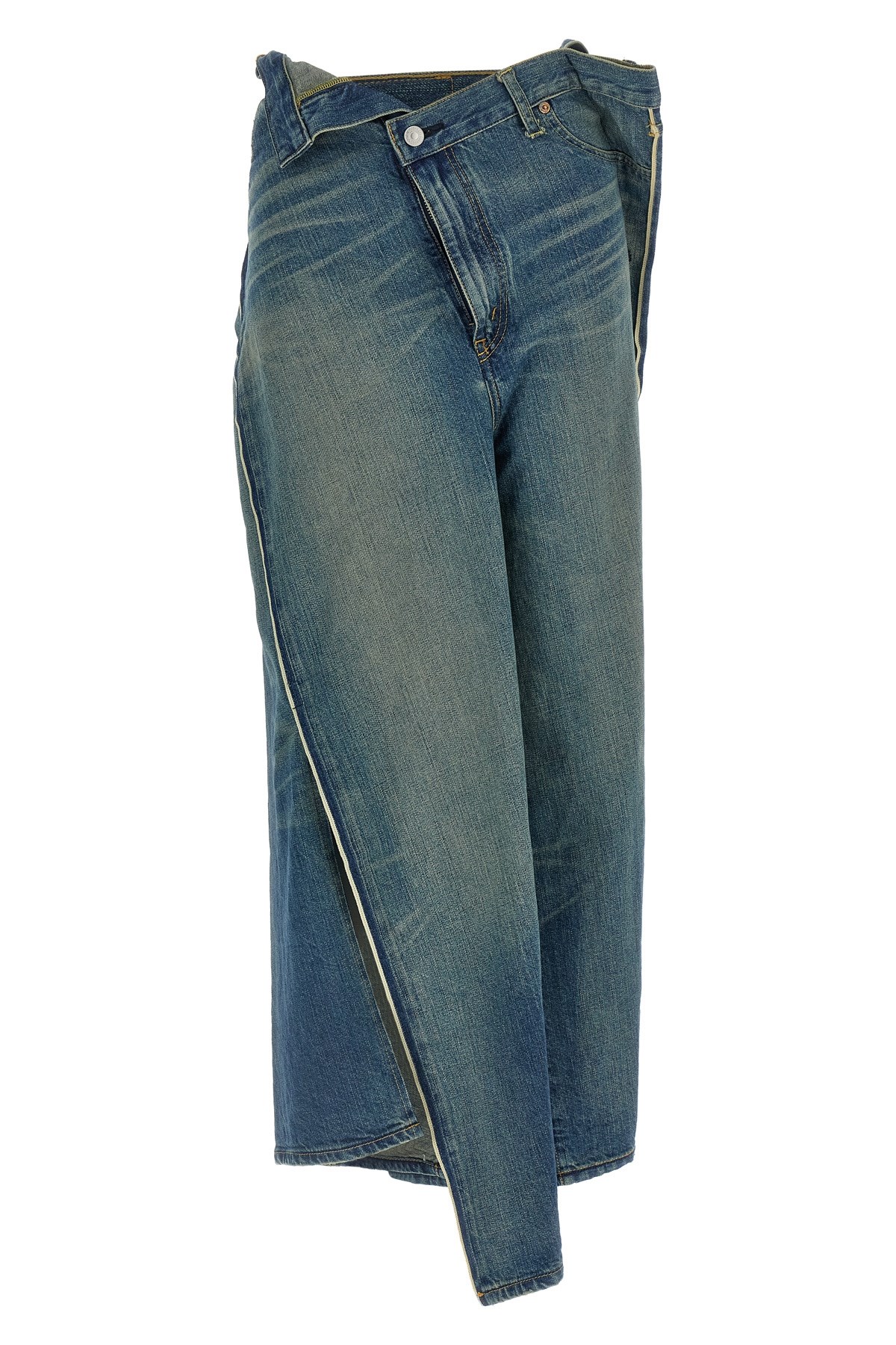 Junya Watanabe Asymmetric Stonewashed Denim Wide Leg Jeans In Blue