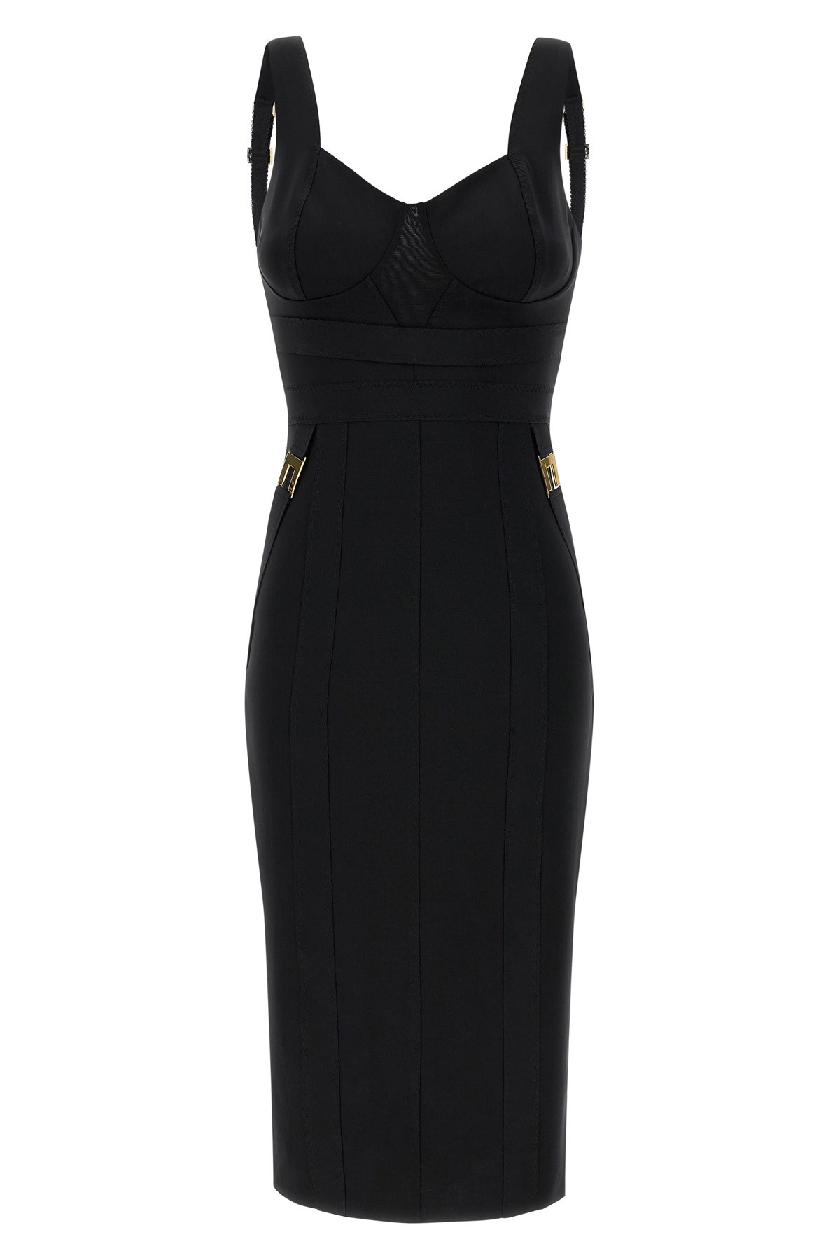 Elisabetta Franchi Fitted Midi Dress With Gold Accents In Black