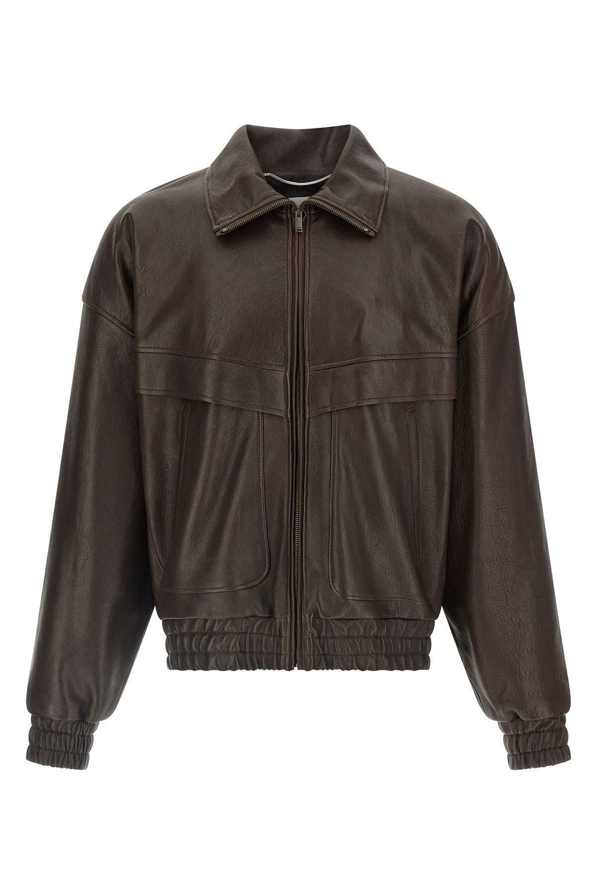 Saint Laurent Lambskin Zip Bomber Jacket In Brown