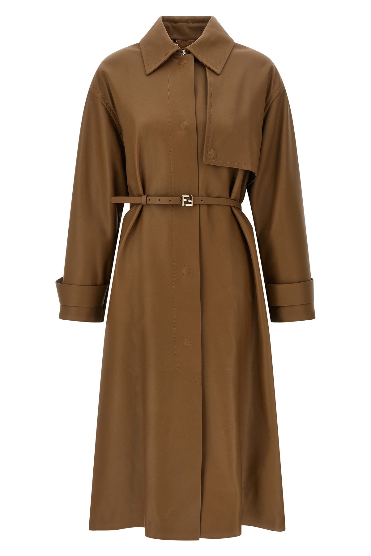 Fendi Long Belted Trench Coat With Pointed Collar In Brown