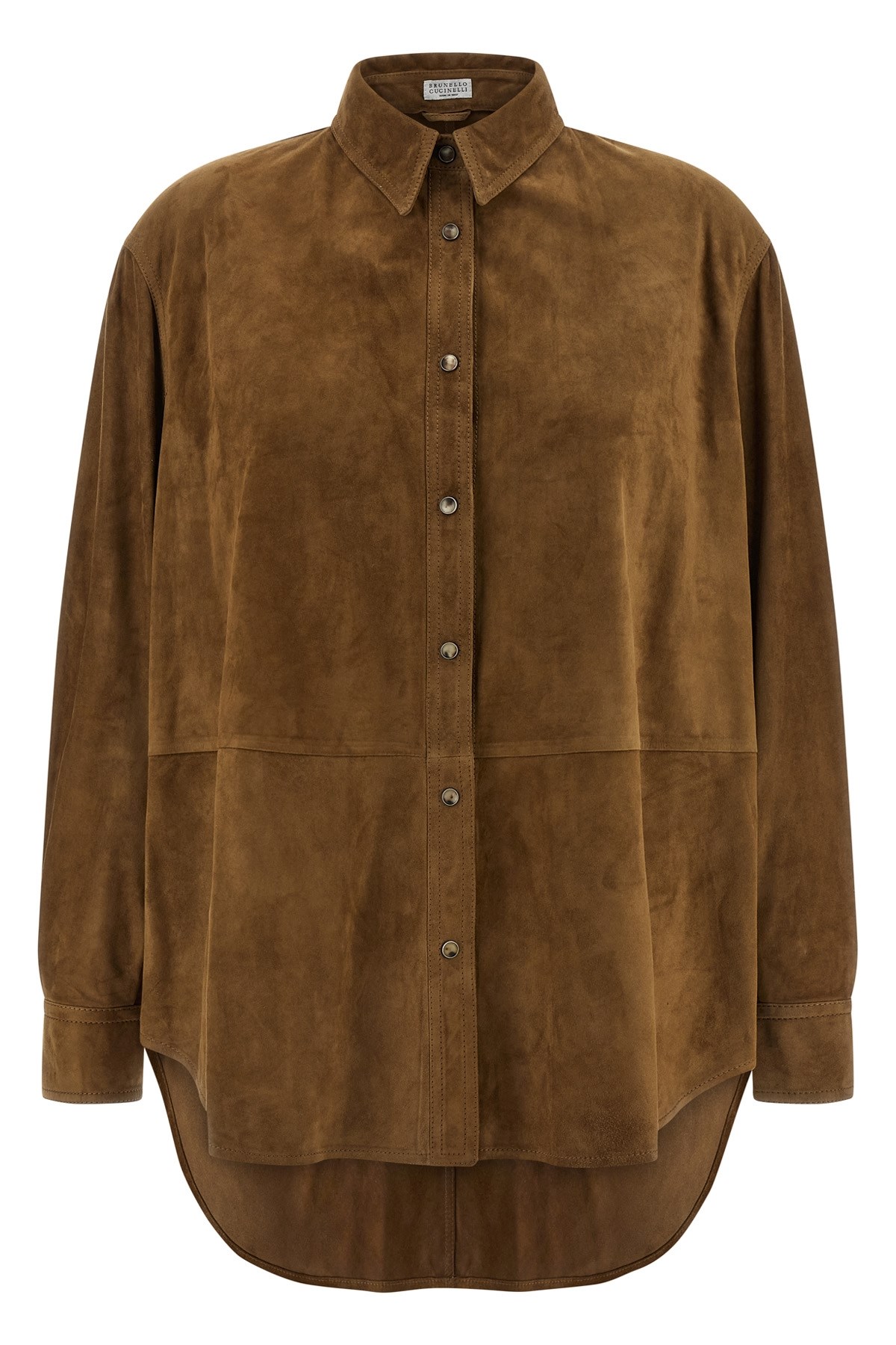 Brunello Cucinelli Long Sleeve Suede Shirt With Curved Hem In Brown