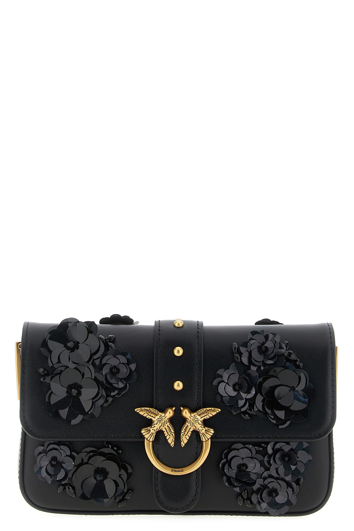 Pinko Baby Love Bag Slouchy Shoulder Bag In Leather With Jewel Flowers In Black