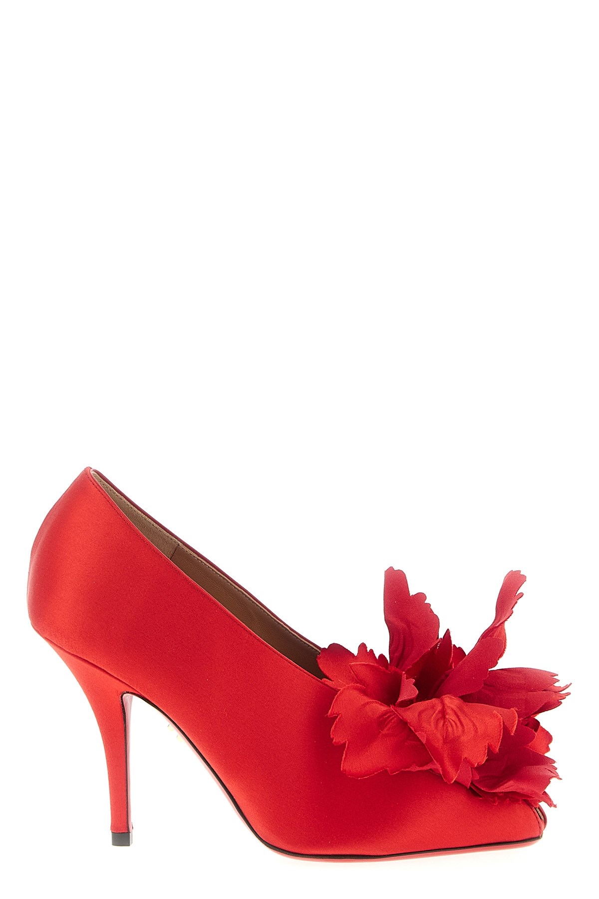 Ferragamo Floral Peep Toe Satin Stiletto Pumps In Red