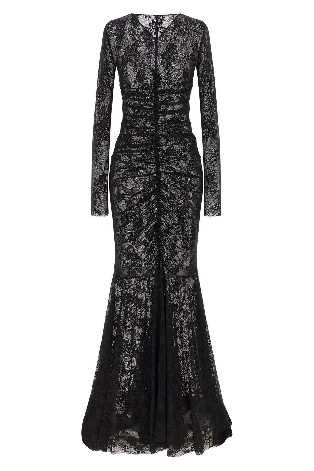 Norma Kamali Long Sleeve V Neck Shirred Front Fishtail Gown In Black