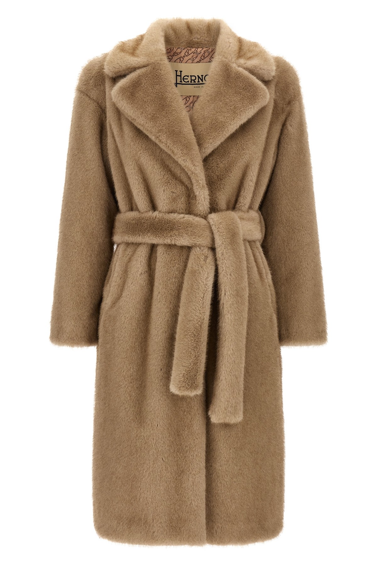 Herno Long Faux Fur Coat With Belted Waist In Brown