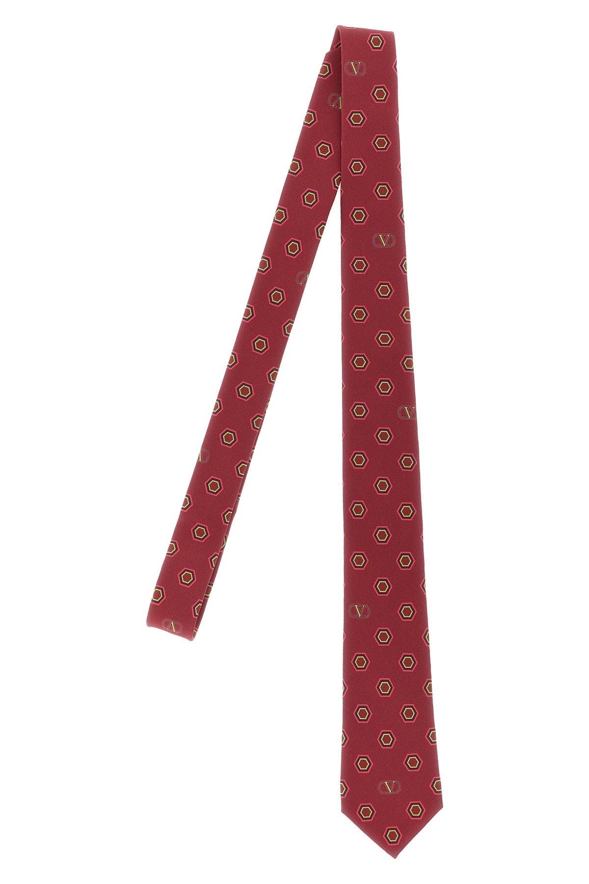 Valentino Silk Tie With Hexagonal Pattern Slim Design In Red