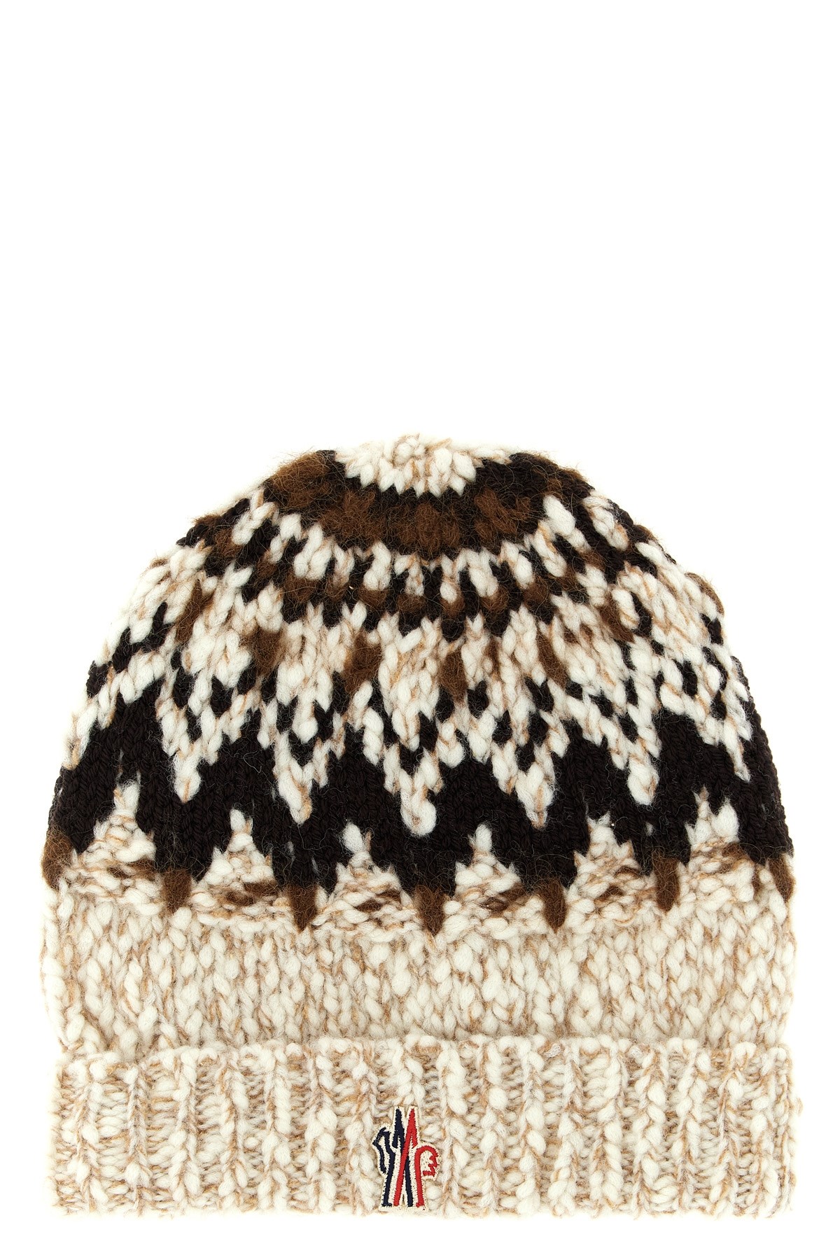 Moncler Beige Brown Geometric Pattern Beanie Hat In Multi