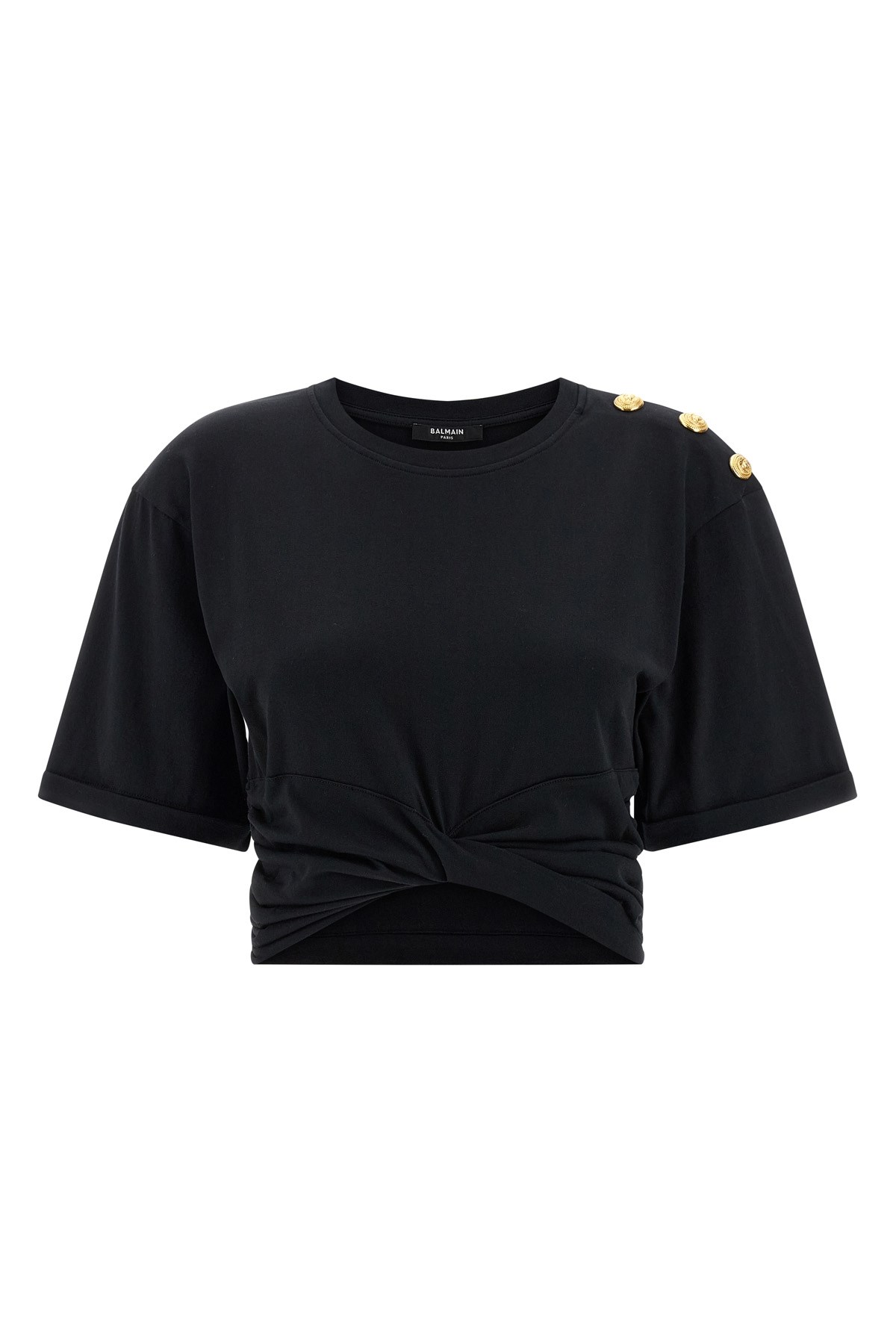 Balmain Knotted Short Sleeve Cropped Top In Black