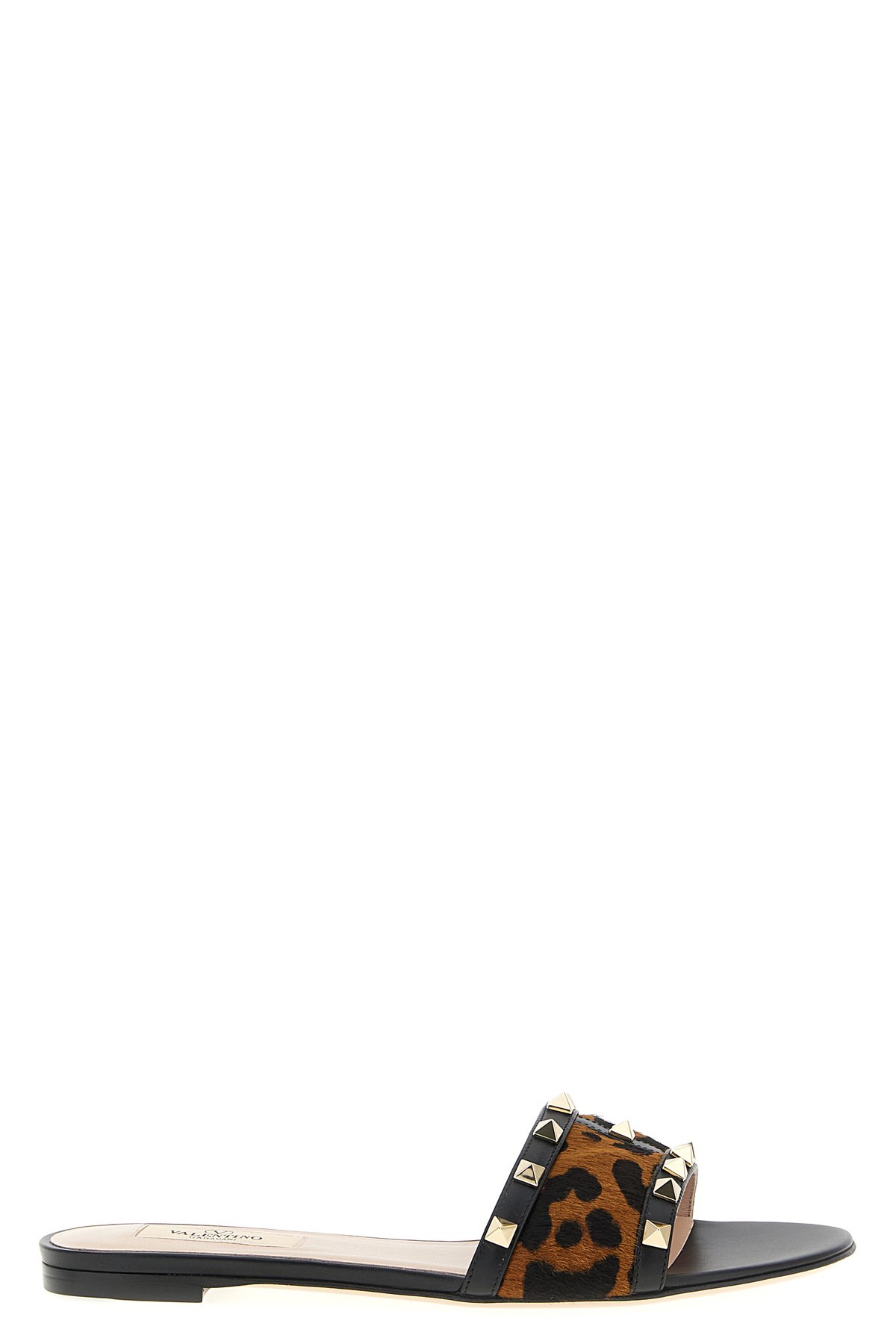 Valentino Rockstud Animal Print Flat Slides In Brown