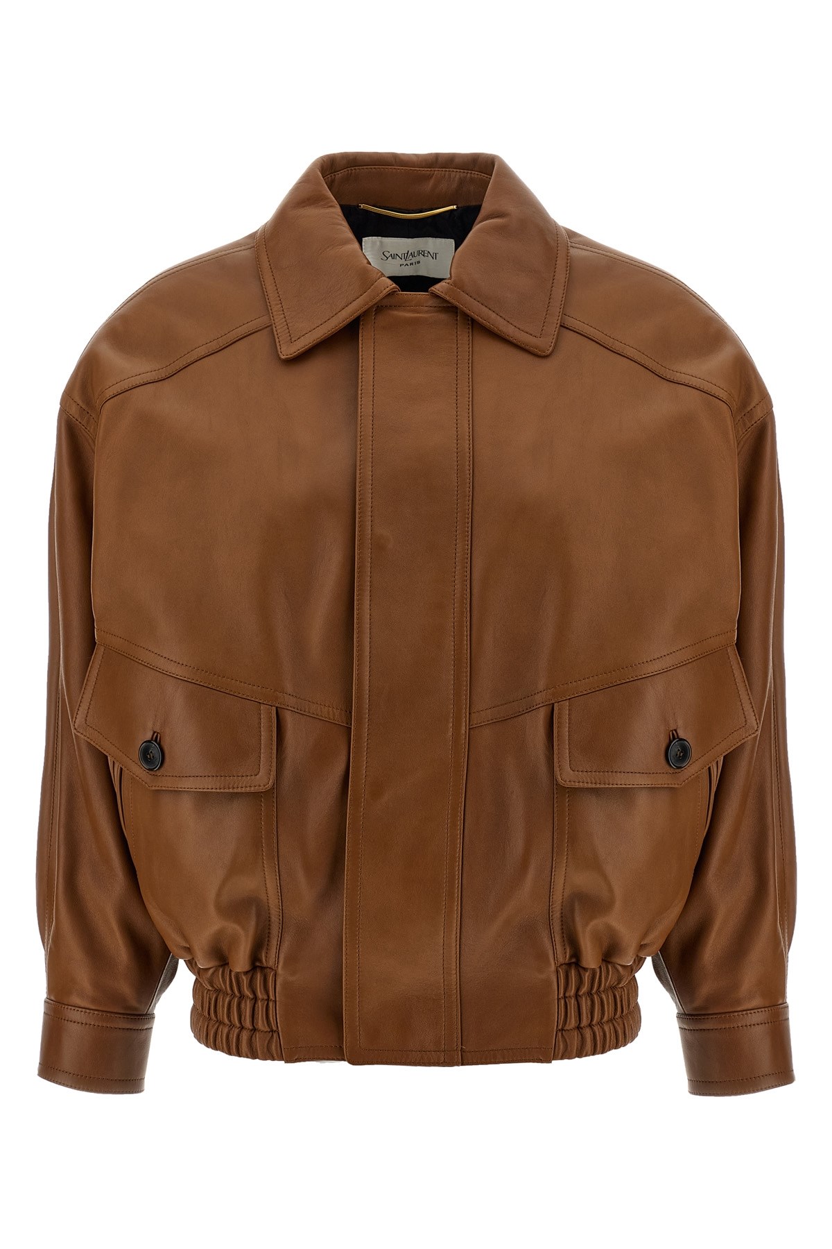 Saint Laurent Leather Bomber Jacket Puffer Jackets Brown In Brown