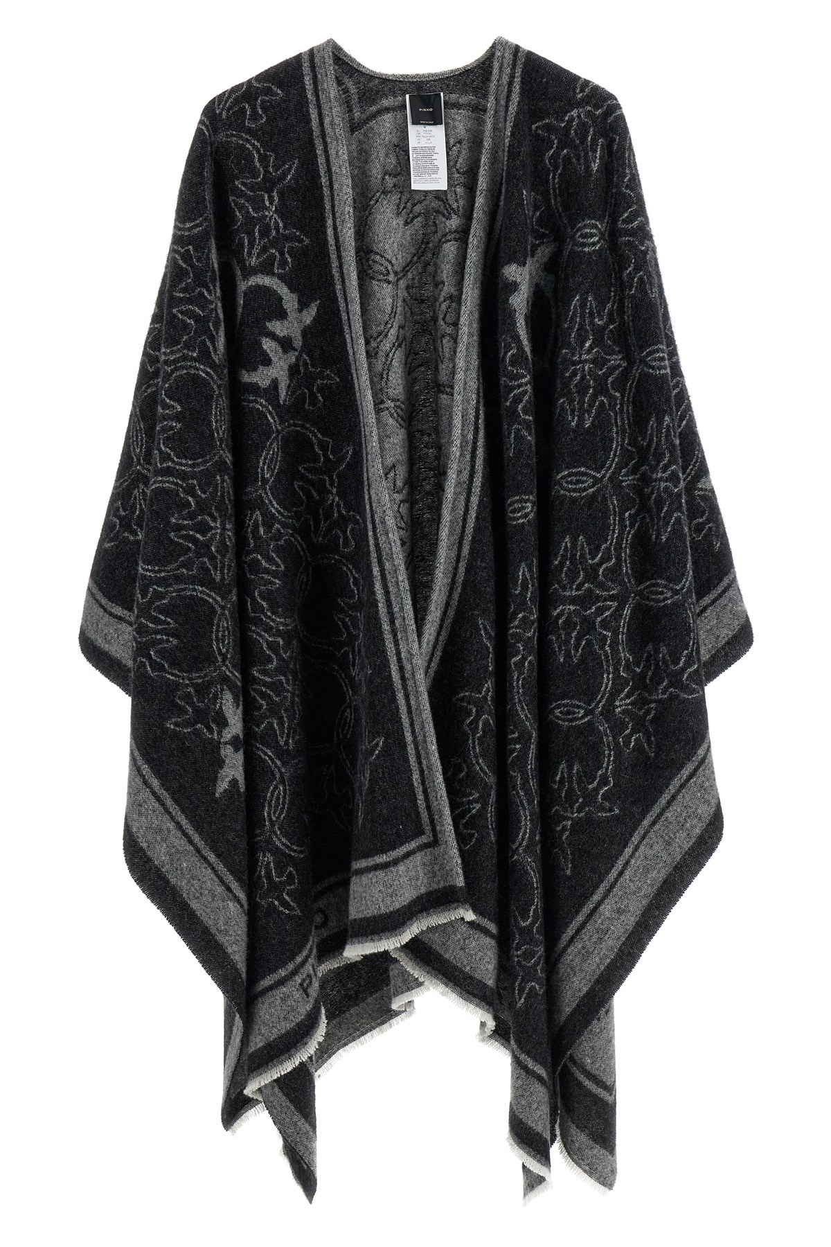 Pinko Draped Fringe Lightweight Patterned Knit Cape In Black