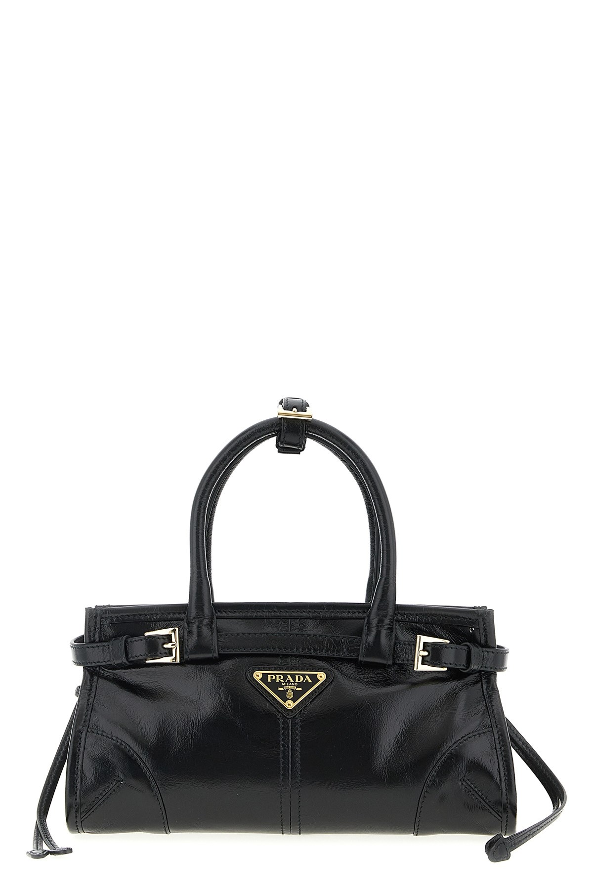 Prada Handheld Clutch With Buckle And Drawstring In Black