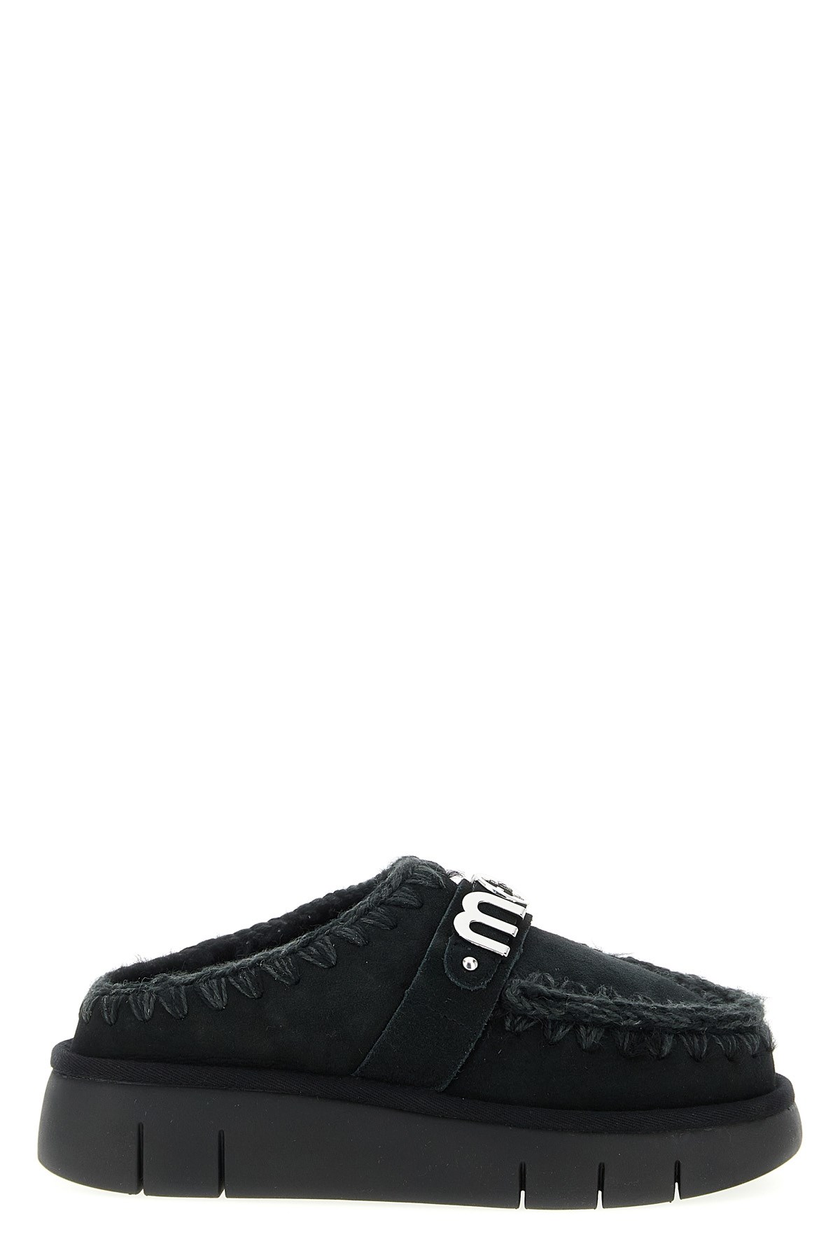 Mou Bounce Black Mules With Logo Lettering And Open Rear In Suede Woman In Black