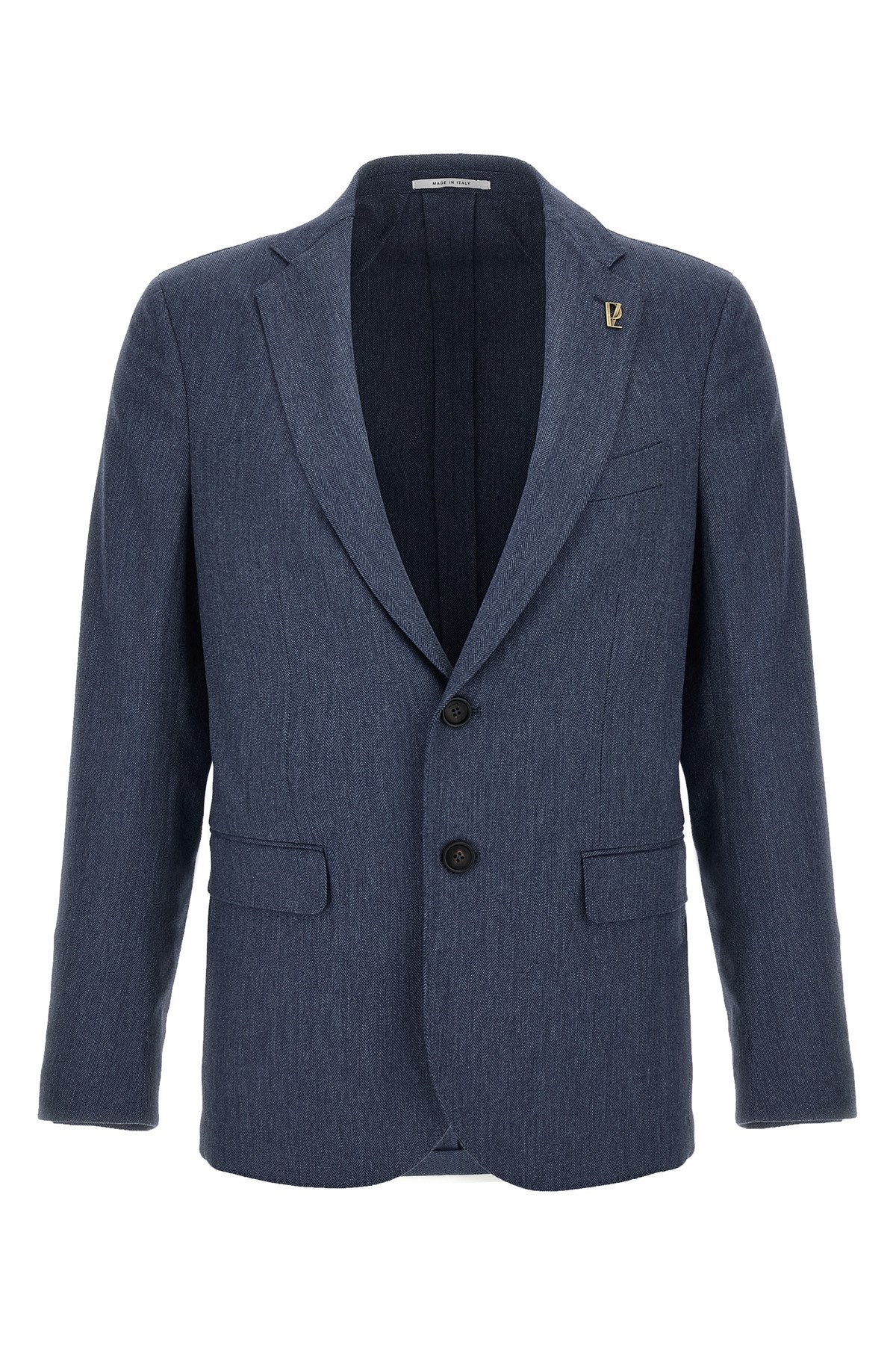 Pal Zileri Brera Brooch-detail Herringbone-pattern Blazer In Blue