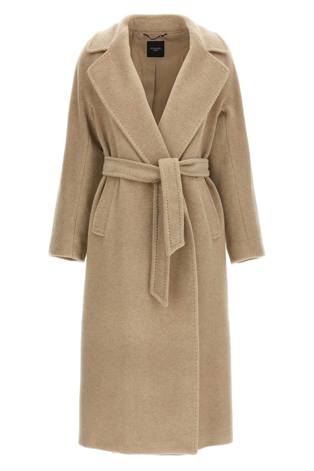 Weekend Max Mara Long Coat With Belted Waist And Pockets In Neutral