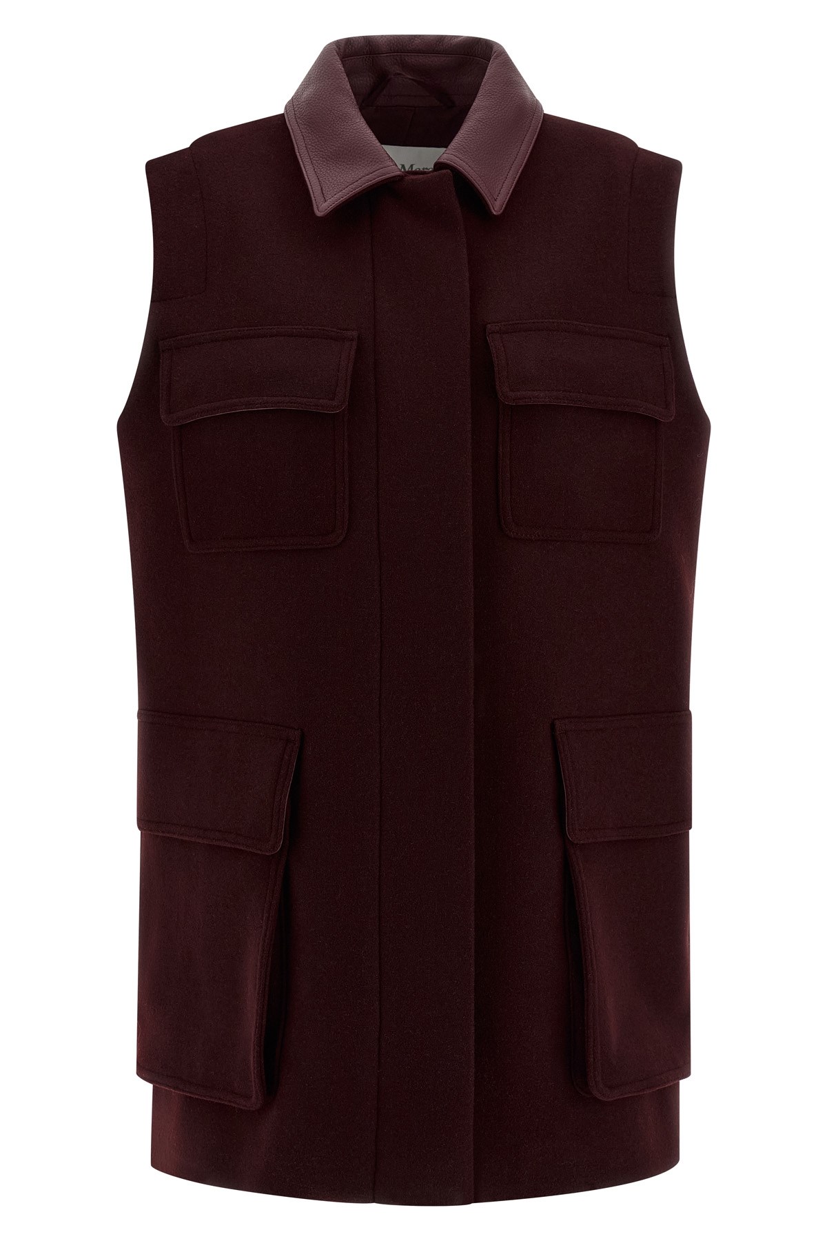 Max Mara Sleeveless Jacket With Leather Collar And Pockets In Burgundy