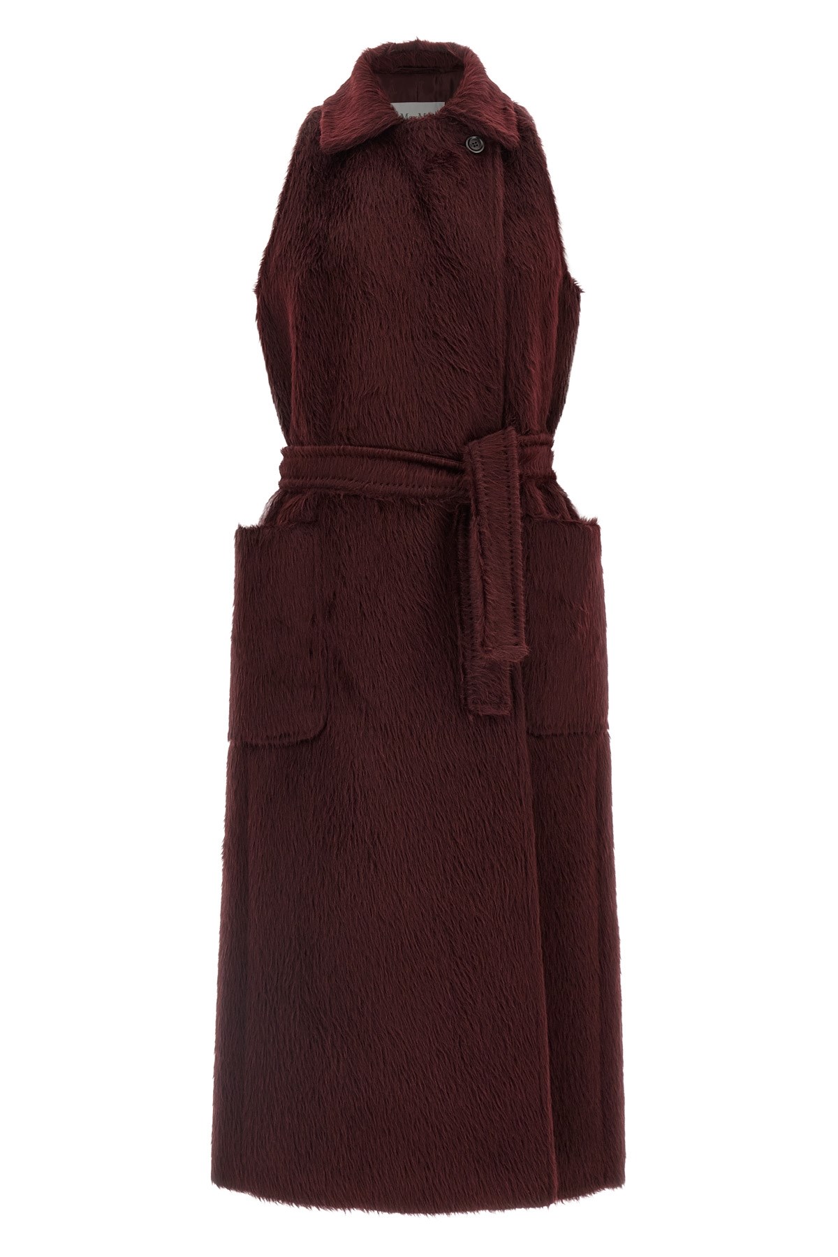 Max Mara Sleeveless Coat With Belted Waist And Pockets In Burgundy