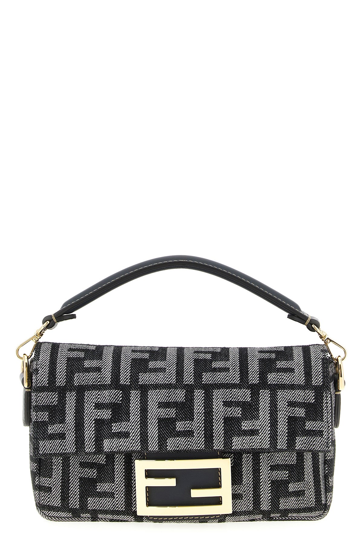 Fendi Baguette Mini Bag In Dark Blue Denim-effect Ff Women In Black