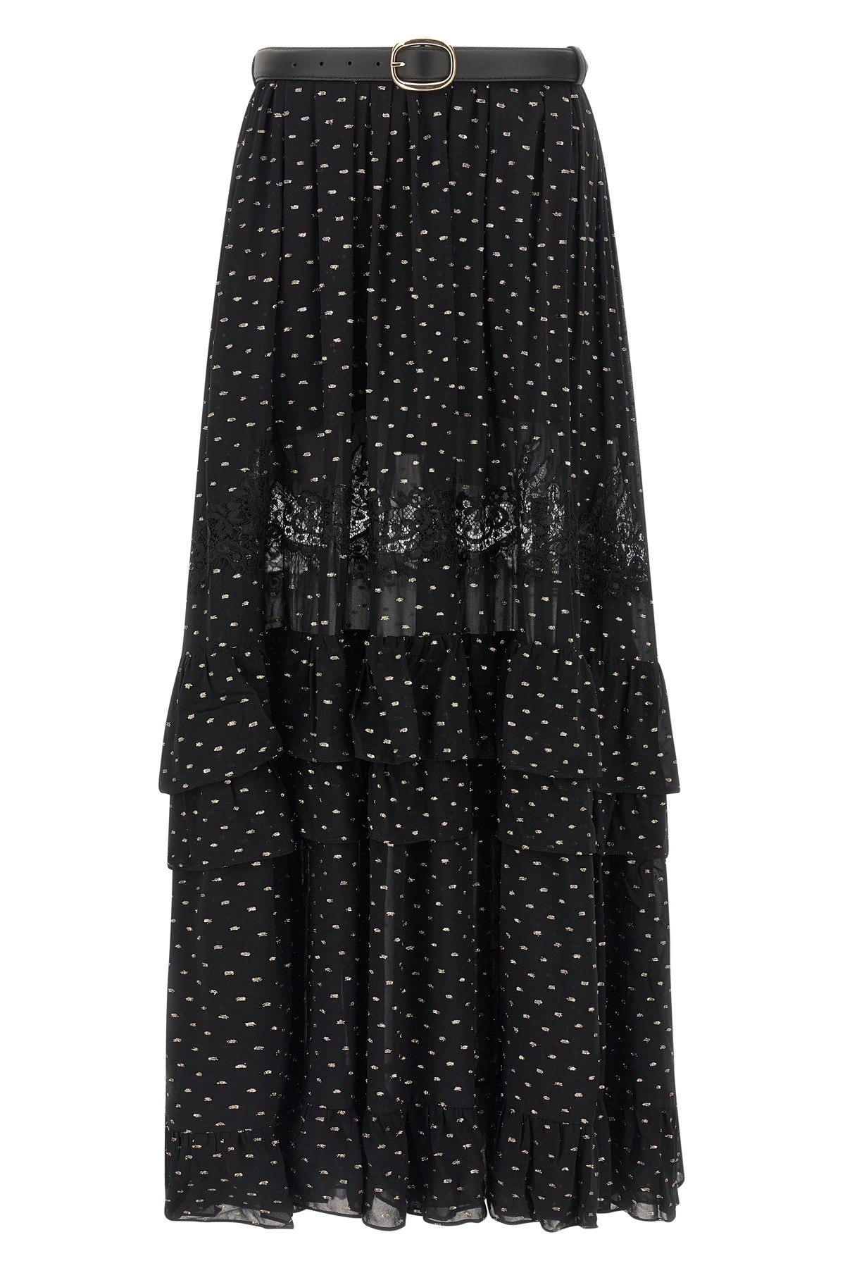 Self-portrait Black And Gold Chiffon Lace Maxi Skirts Black In Black