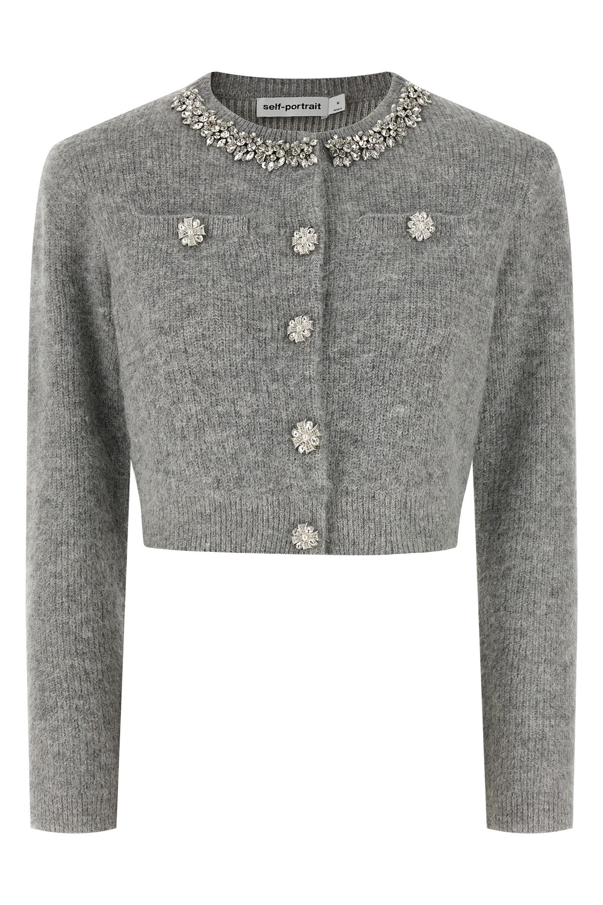 Self-portrait Grey Fluffy Crystal Trim Cardigan In Multi