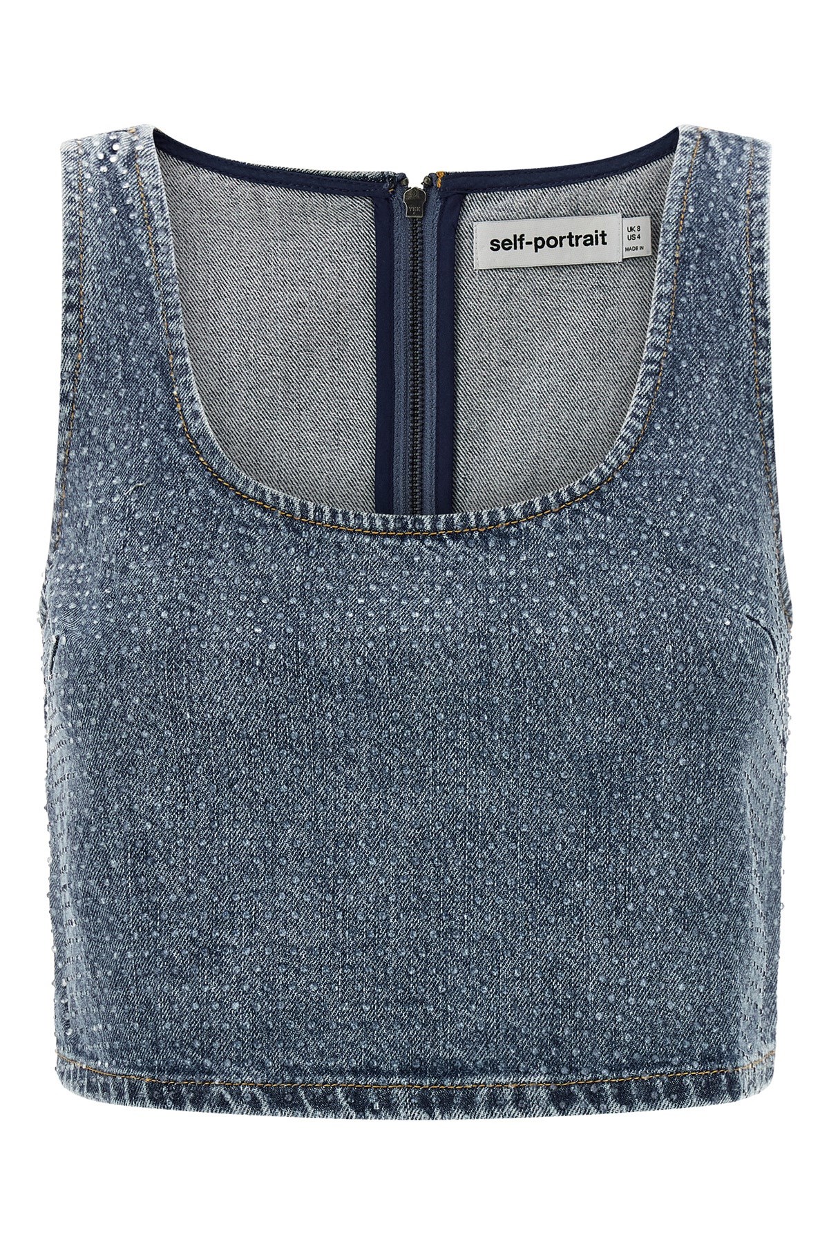 Self-portrait Cropped Crystal-embellished Denim Top In Blue
