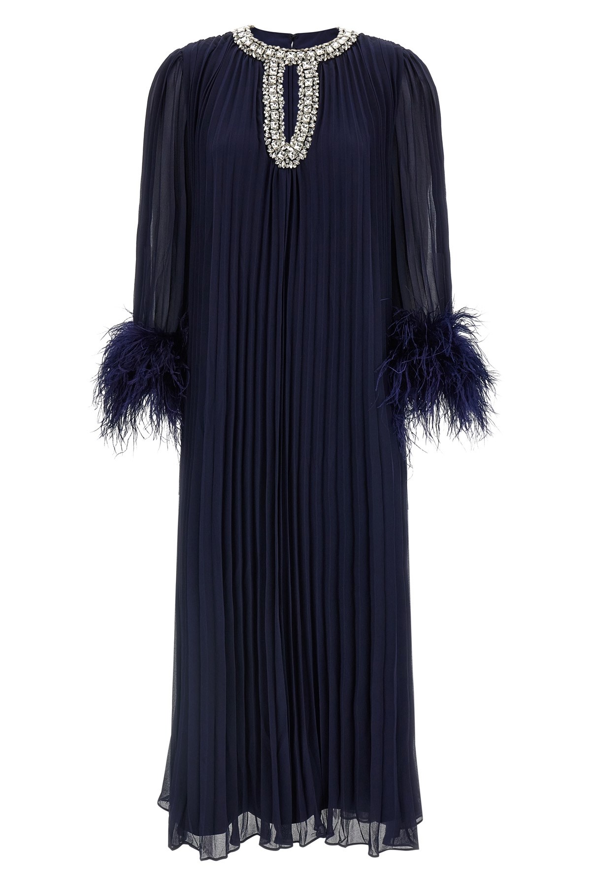 Self-portrait Navy Chiffon Feather Midi Dresses Blue In Blue
