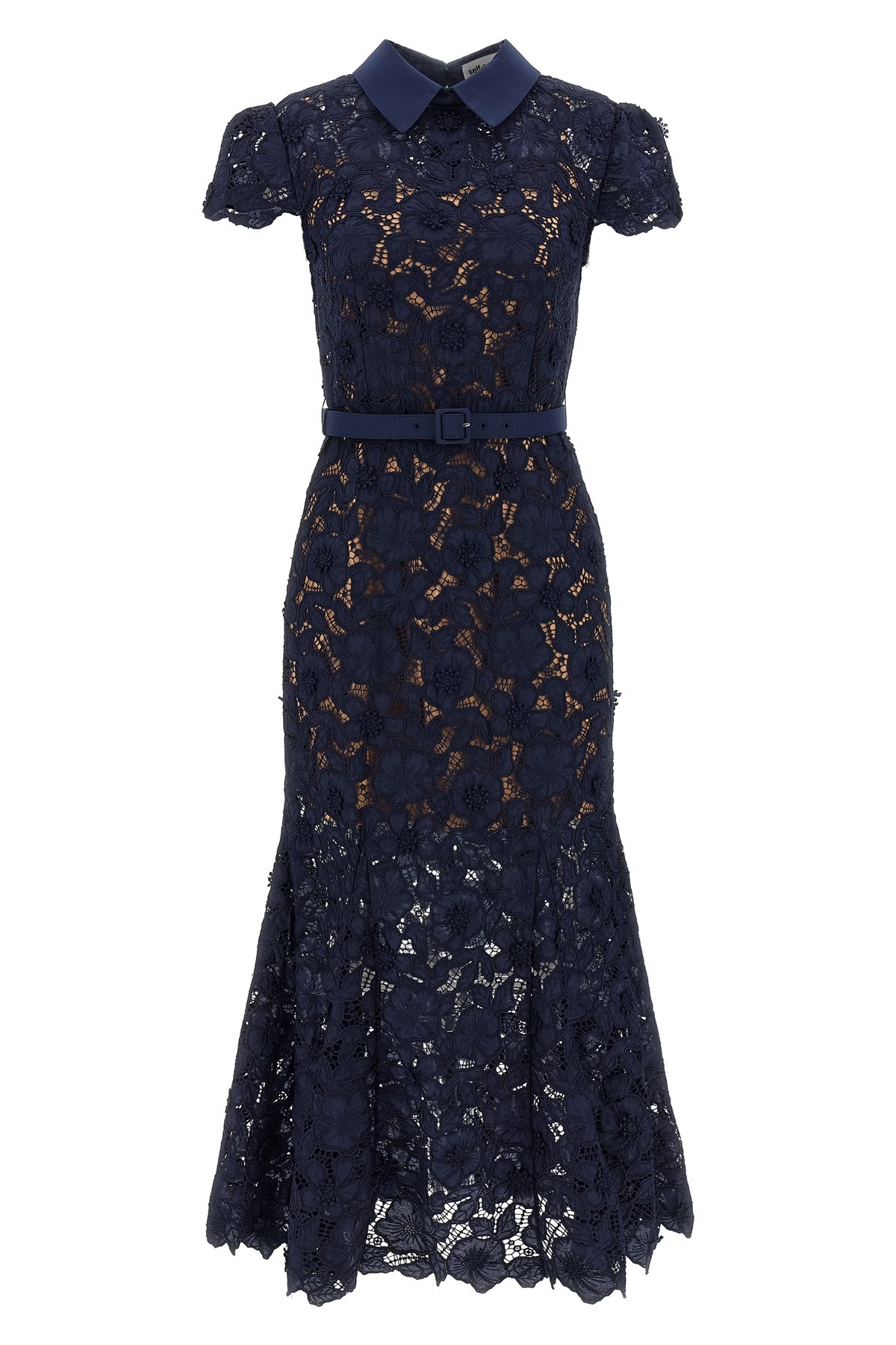 Self-portrait Navy Guipure Lace Midi Dresses Blue In Blue
