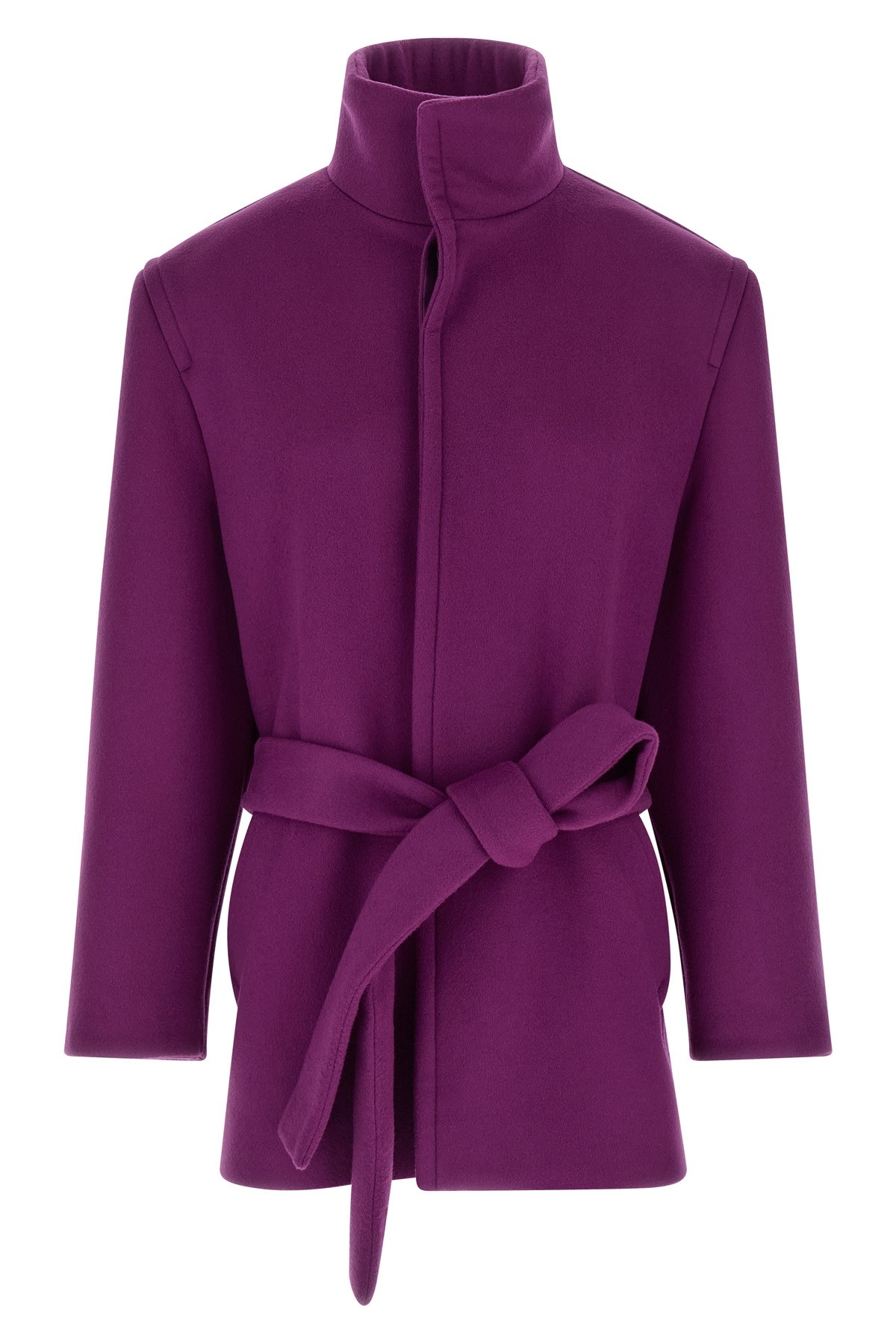 Saint Laurent Wool Coat With Belted Waist And High Collar In Purple