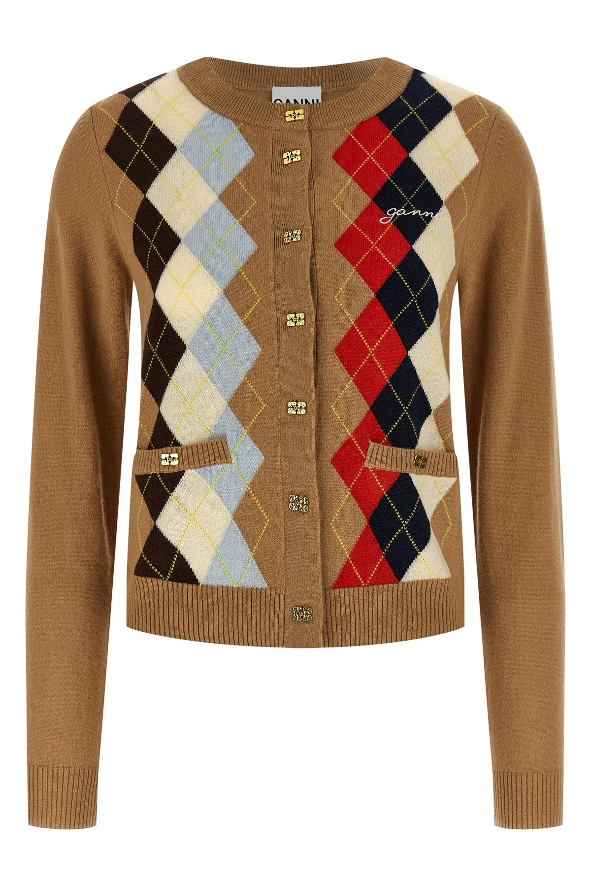 Ganni Diamond-shaped Cardigan Sweaters And Cardigans Beige In Multi